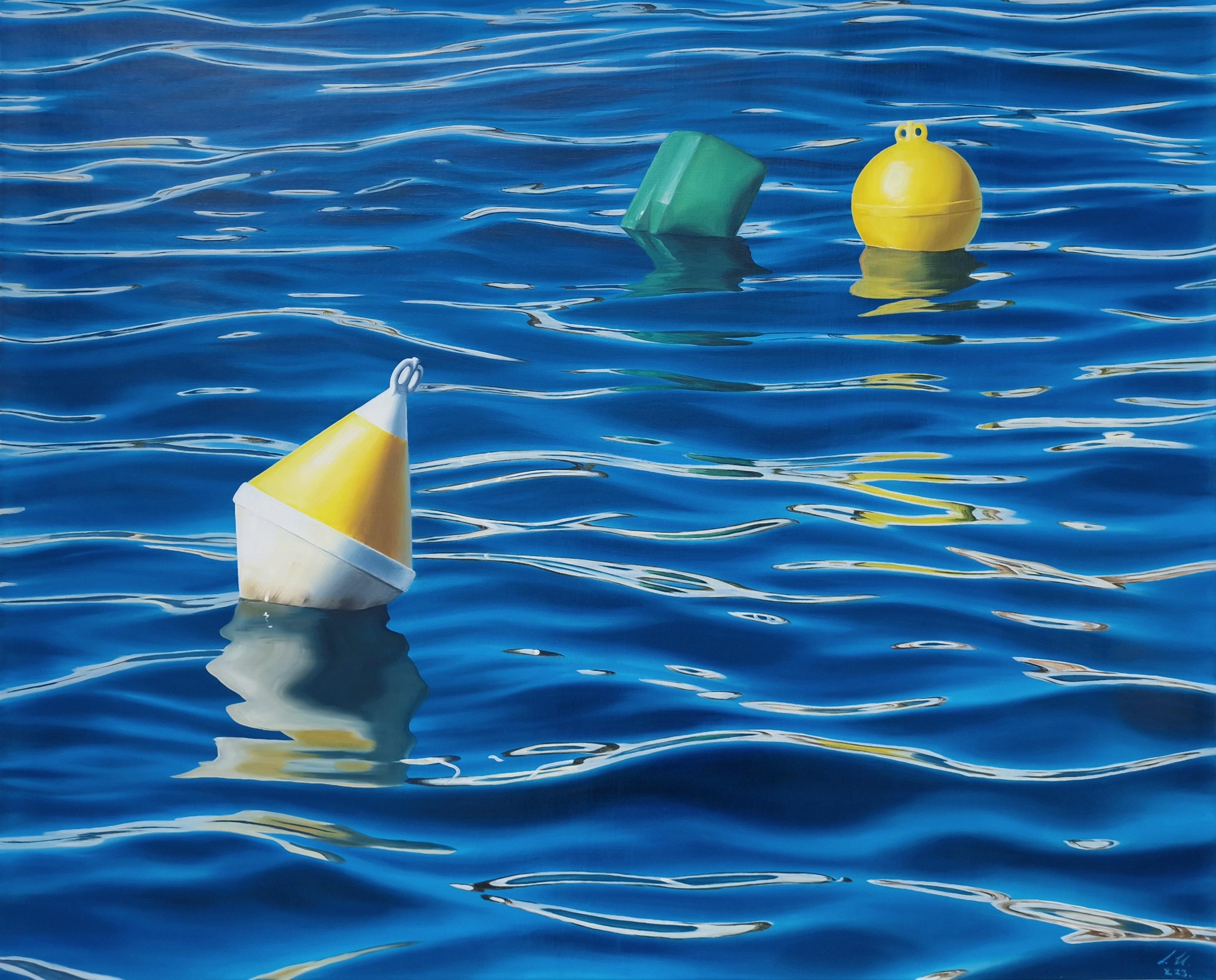 Giocattoli del pescatore - pittura ad olio iperrealista originale di paesaggio marino - Arte contemporanea