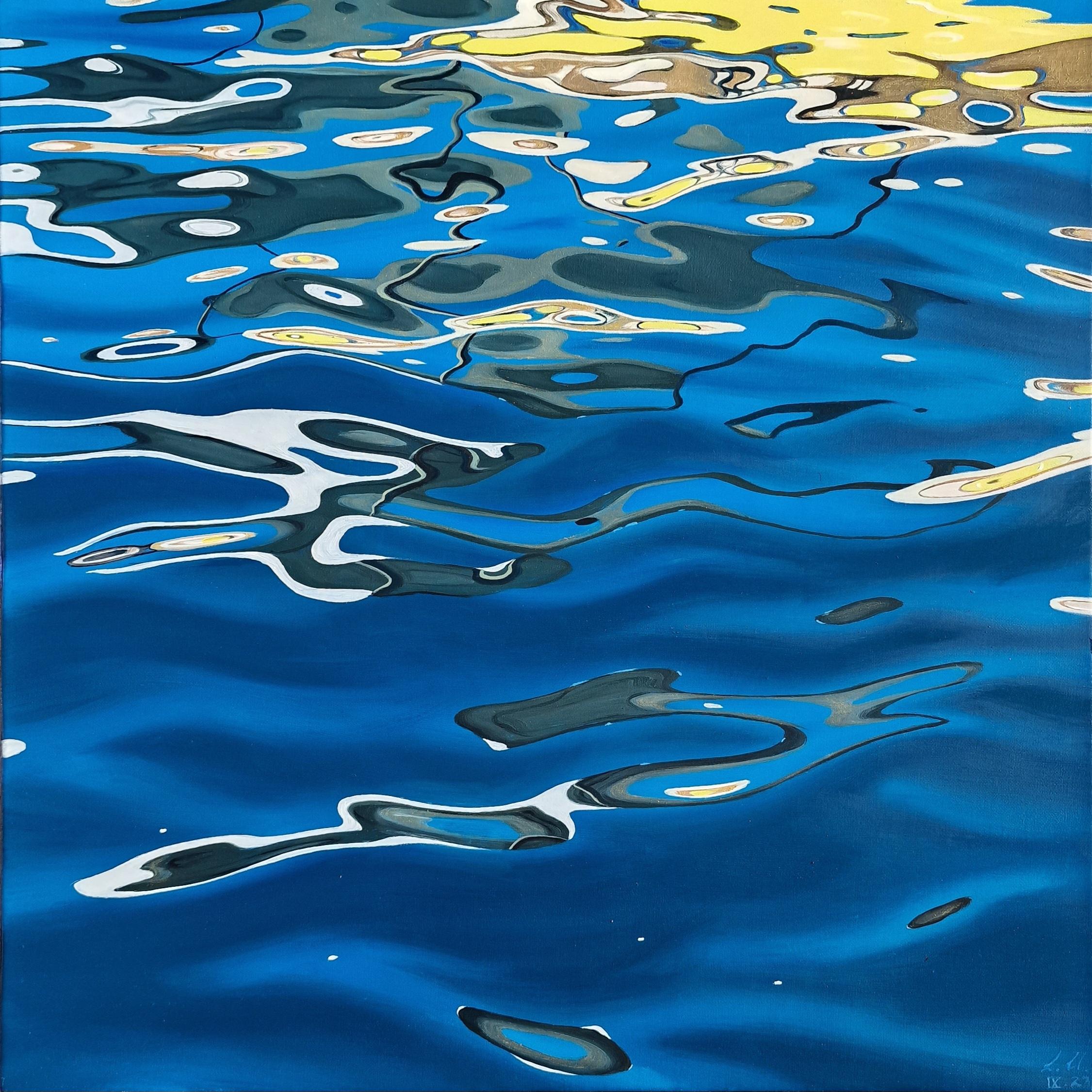 Fluid Gold - original realism water reflection oil painting on fine linen - art