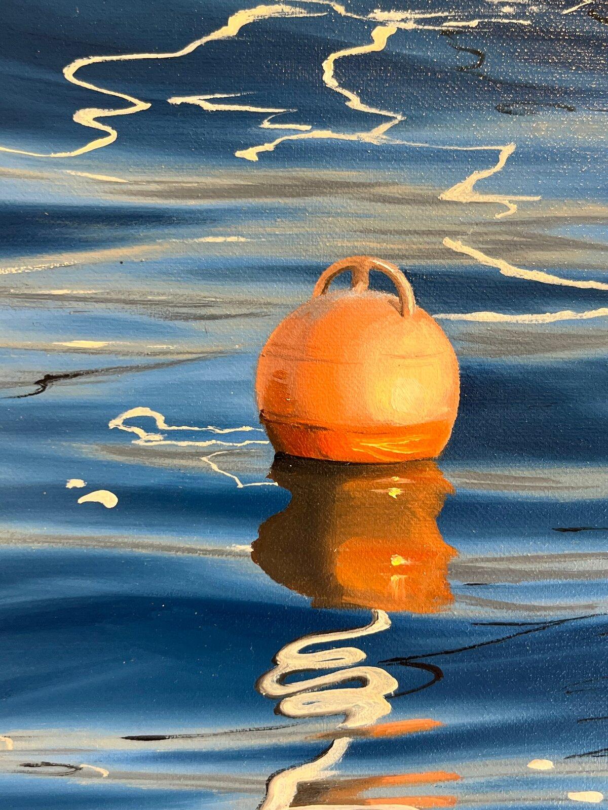Golden Hour at The harbour (Ora d'oro al porto) - paesaggio marino originale - natura morta - pittura ad olio - Landscape Painting Blu di Alina Huberenko