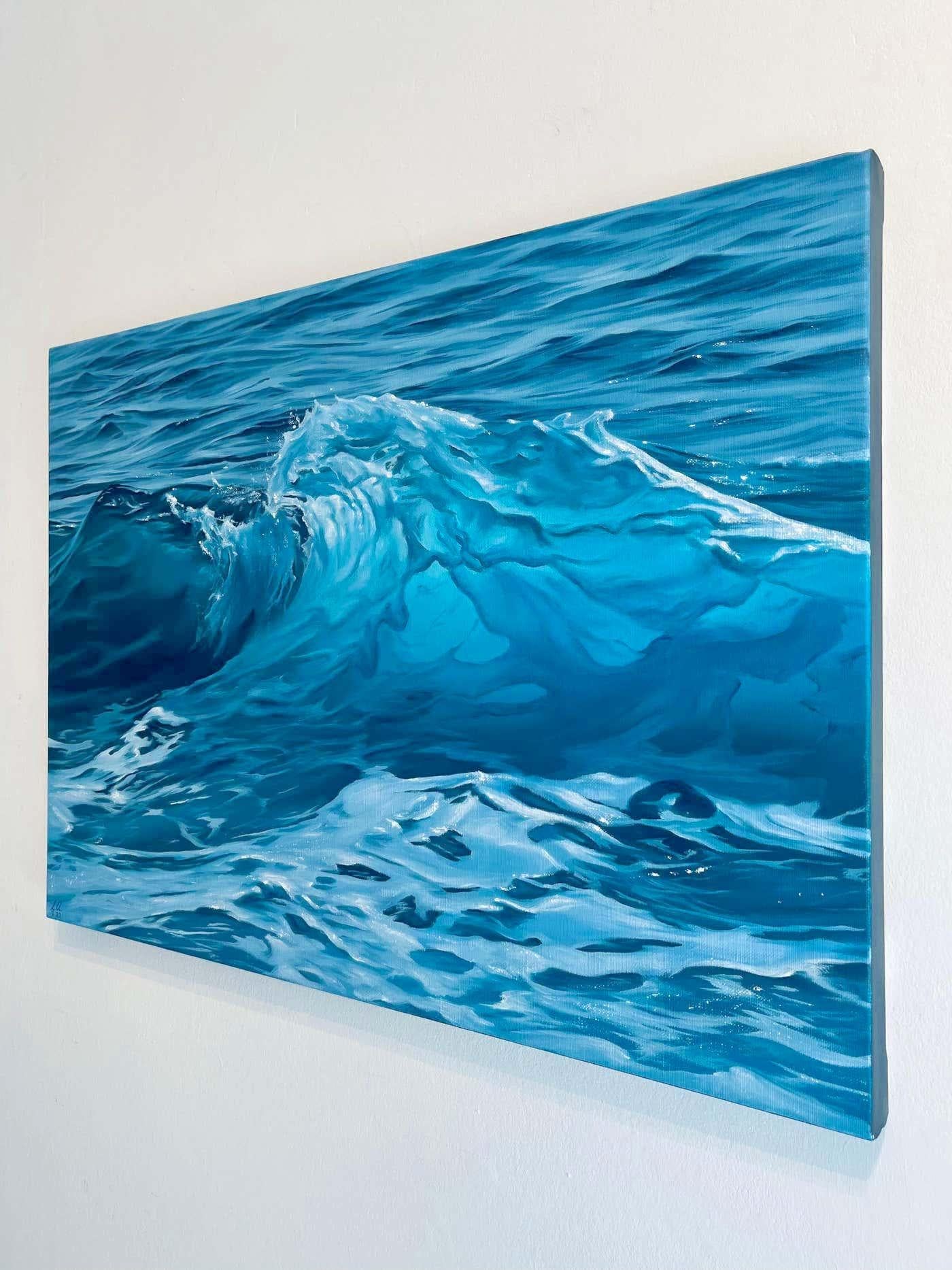 Mediterranean Glow-original realism ocean seascape oil painting-contemporary Art - Blue Portrait Painting by Alina Huberenko