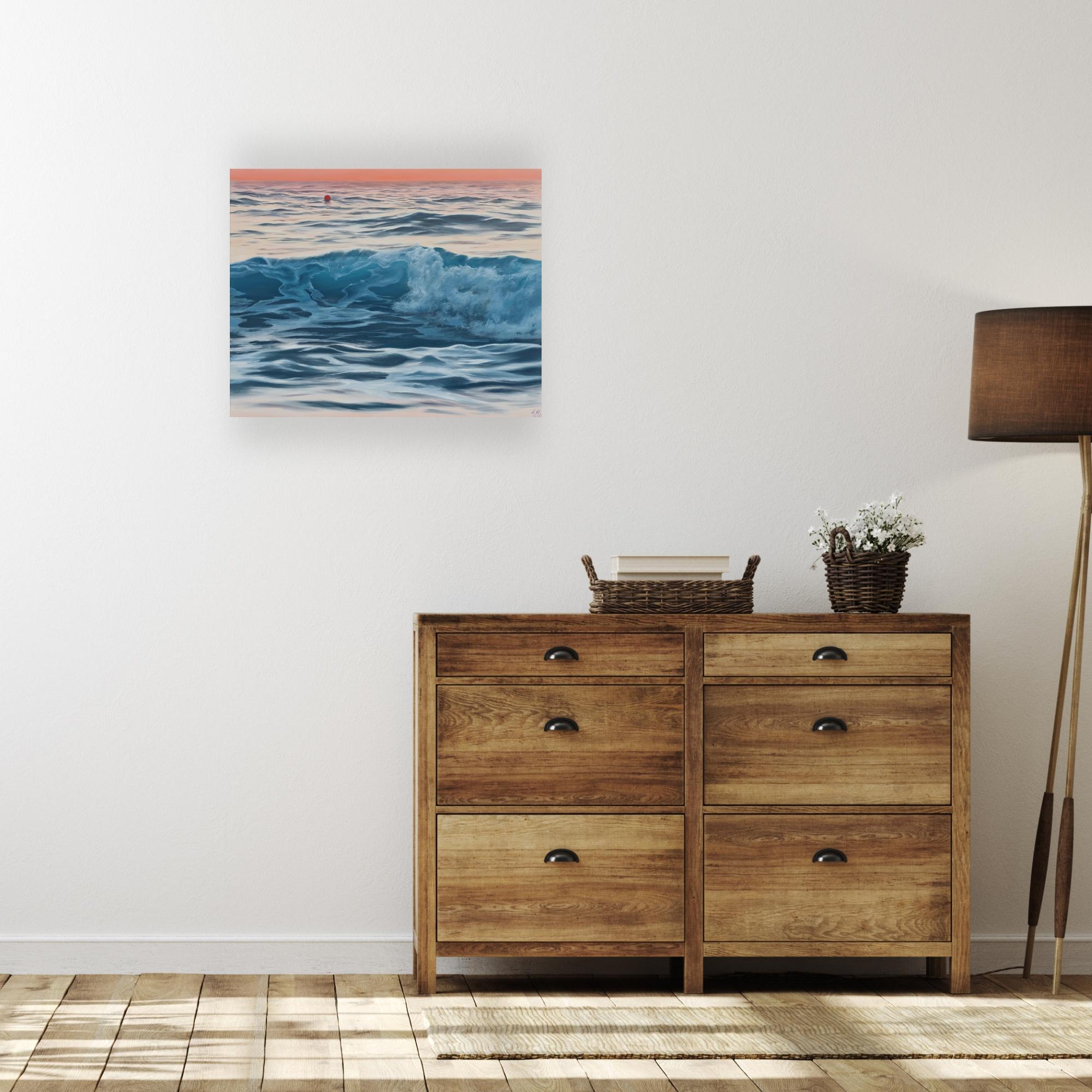 Ocean sunset -original hyper realism seascape oil painting-contemporary Art - Gray Portrait Painting by Alina Huberenko