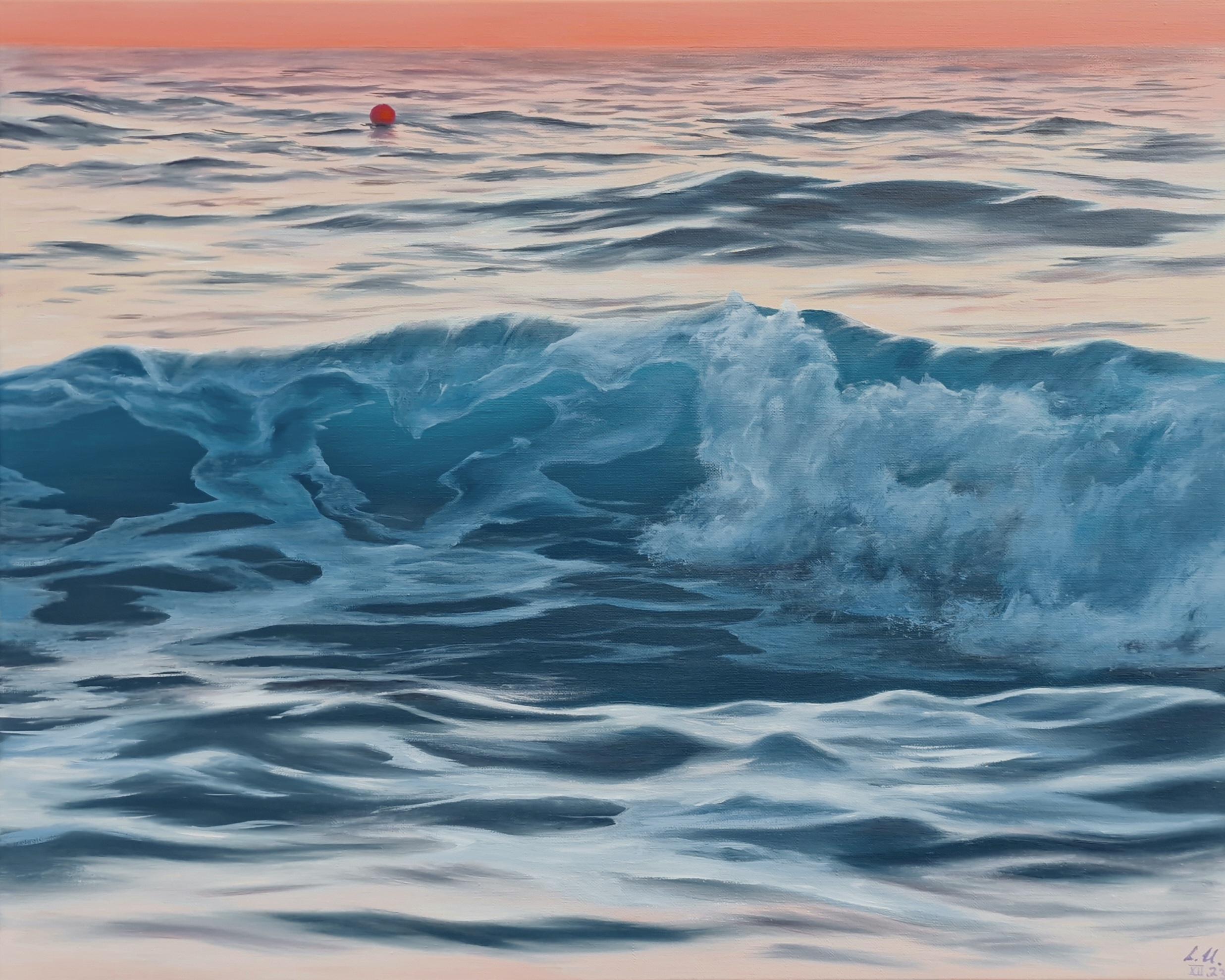 Tramonto sull'oceano - pittura ad olio originale iperrealista di paesaggio marino - Arte contemporanea