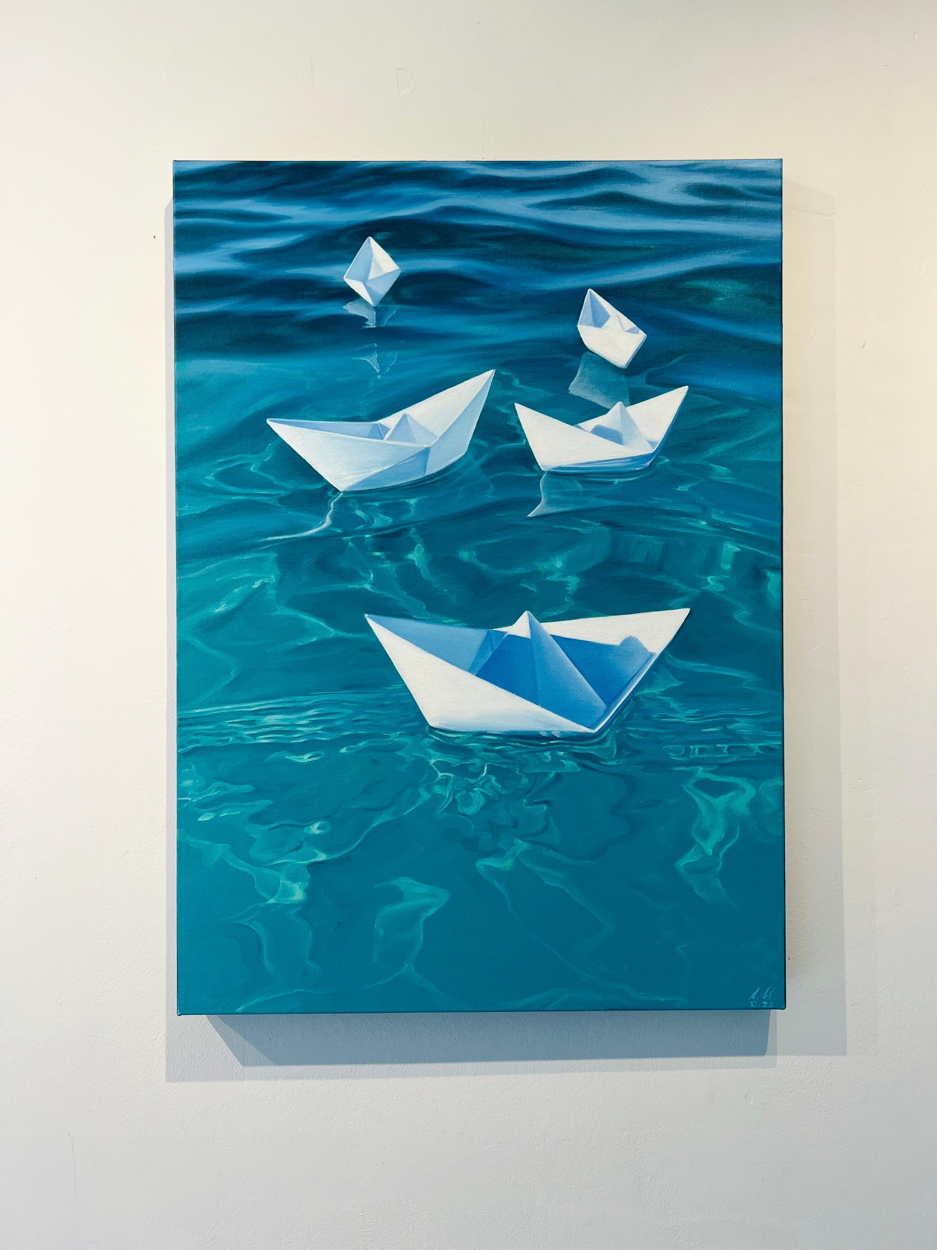 The Fleet-original photo realism seascape-still life painting-contemporary Art - Blue Landscape Painting by Alina Huberenko
