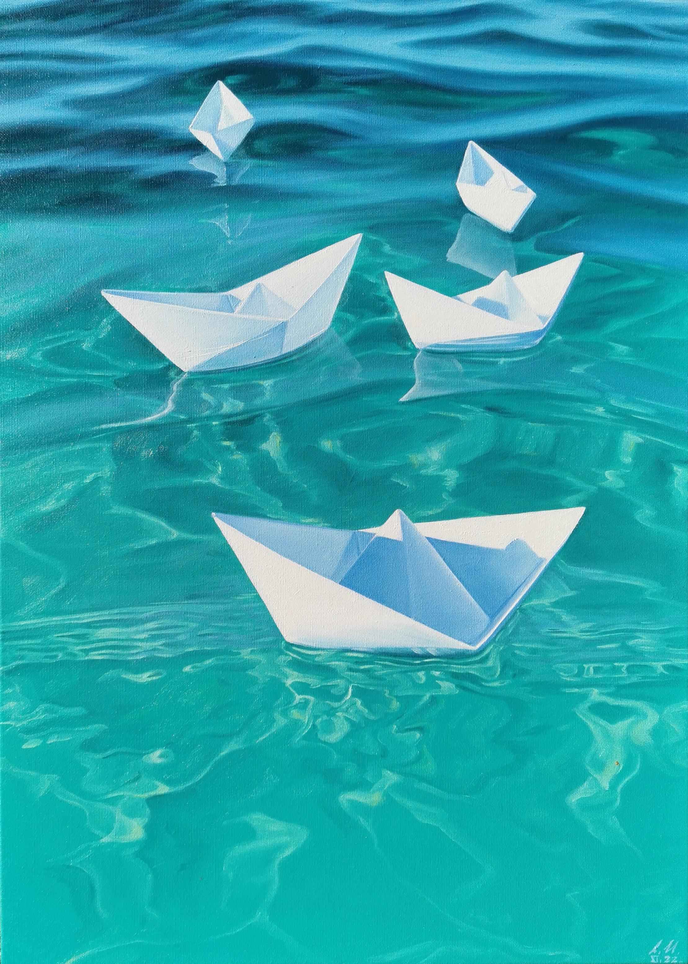 Alina Huberenko Portrait Painting - The Fleet-original photo realism seascape-still life painting-contemporary Art