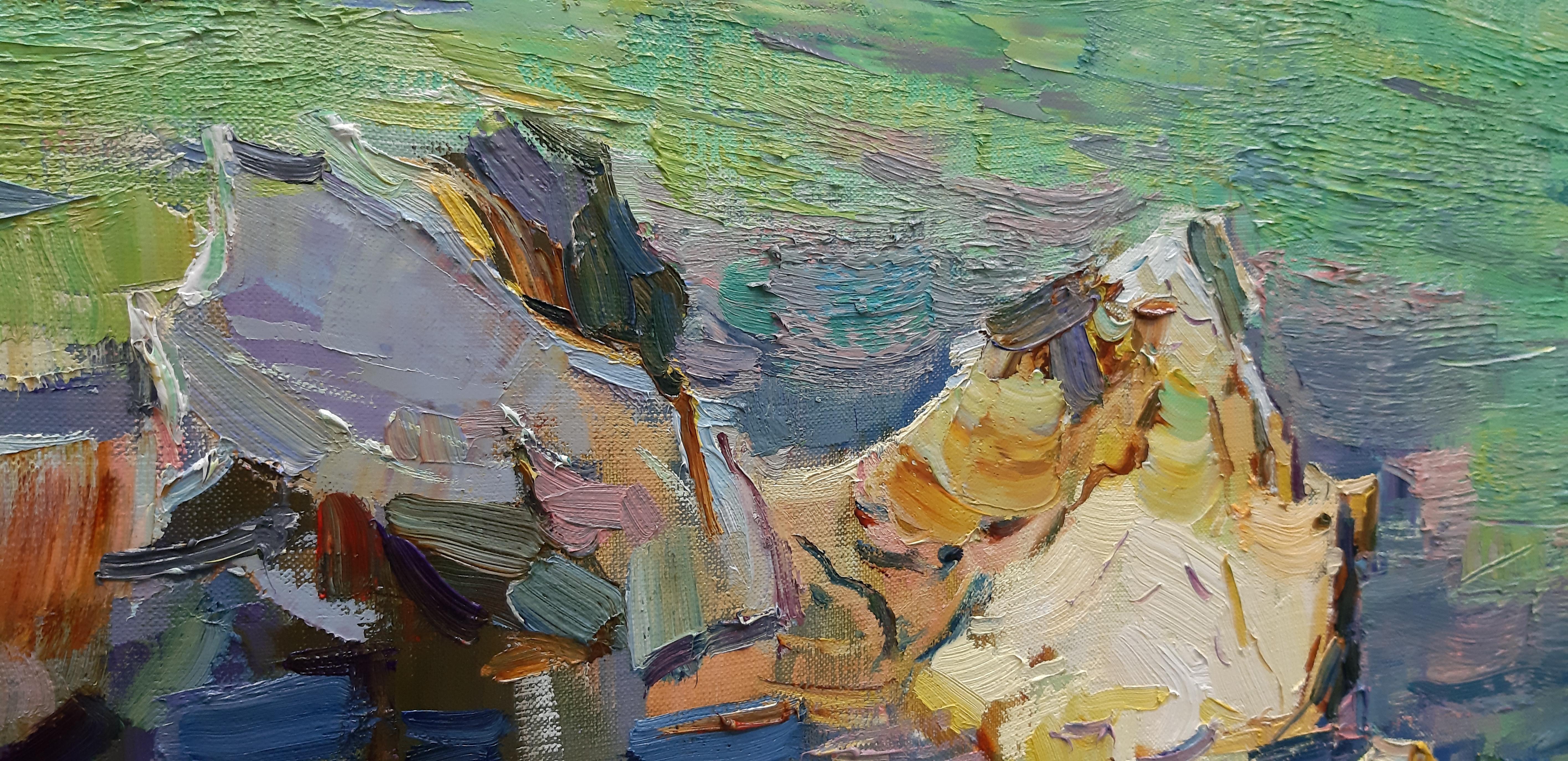 Un lugar bajo el sol - Óleo Paisaje Colores Azul Verde Blanco Marrón Gris Amarillo - Painting Impresionista de Alina Khrapchynska