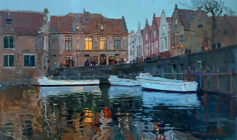 Bruges by Night - Landscape Painting Colors Blue Green White Brown Grey Pastel For Sale 13