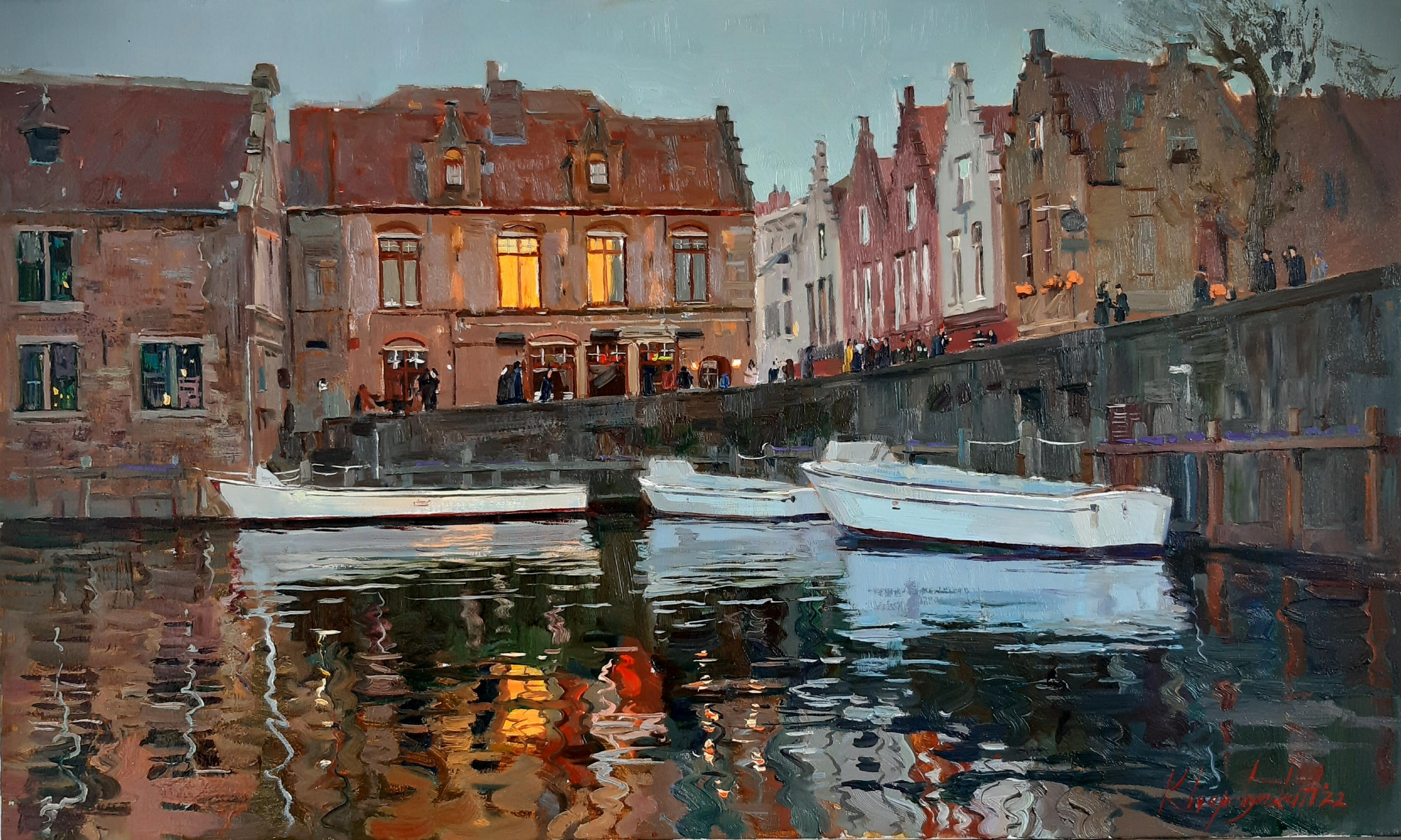 Bruges by Night - Landscape Painting Colors Blue Green White Brown Grey Pastel
