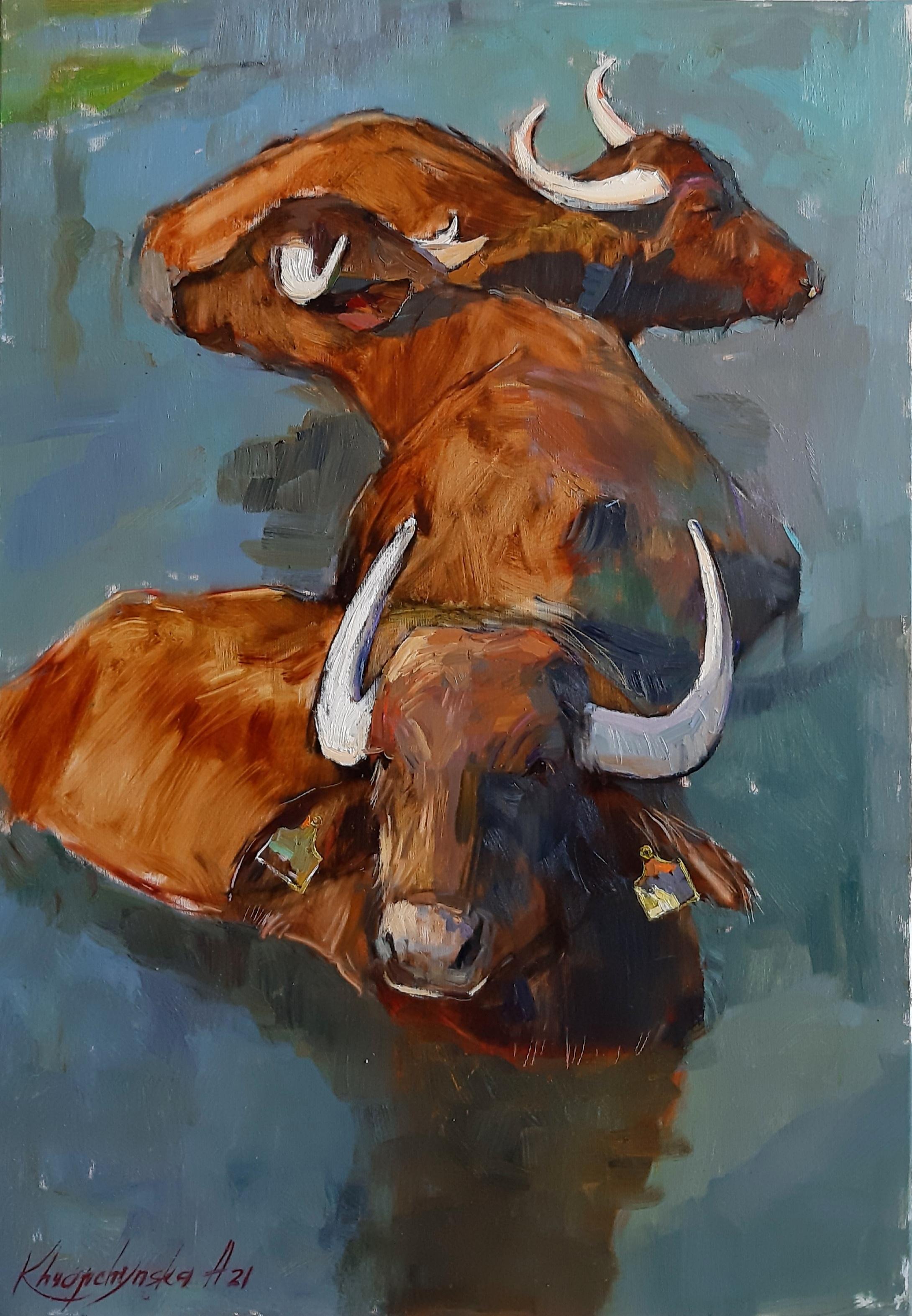 Alina Khrapchynska Animal Painting - Buffaloes - Figurative Animalistic Painting Colors White Blue Brown Green Grey