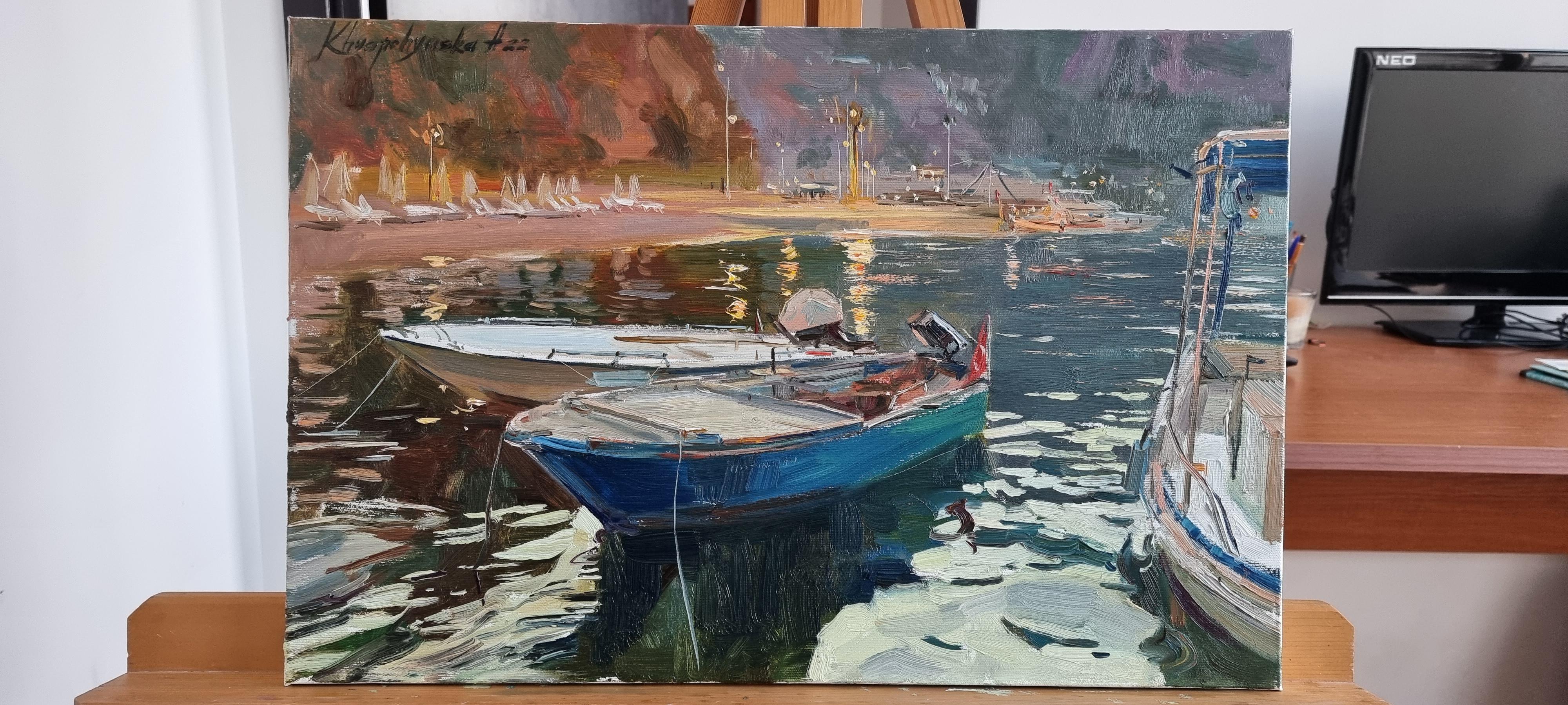 Turung di notte - Pittura di paesaggio Colori Blu Verde Bianco Marrone Grigio Pastello - Painting di Alina Khrapchynska