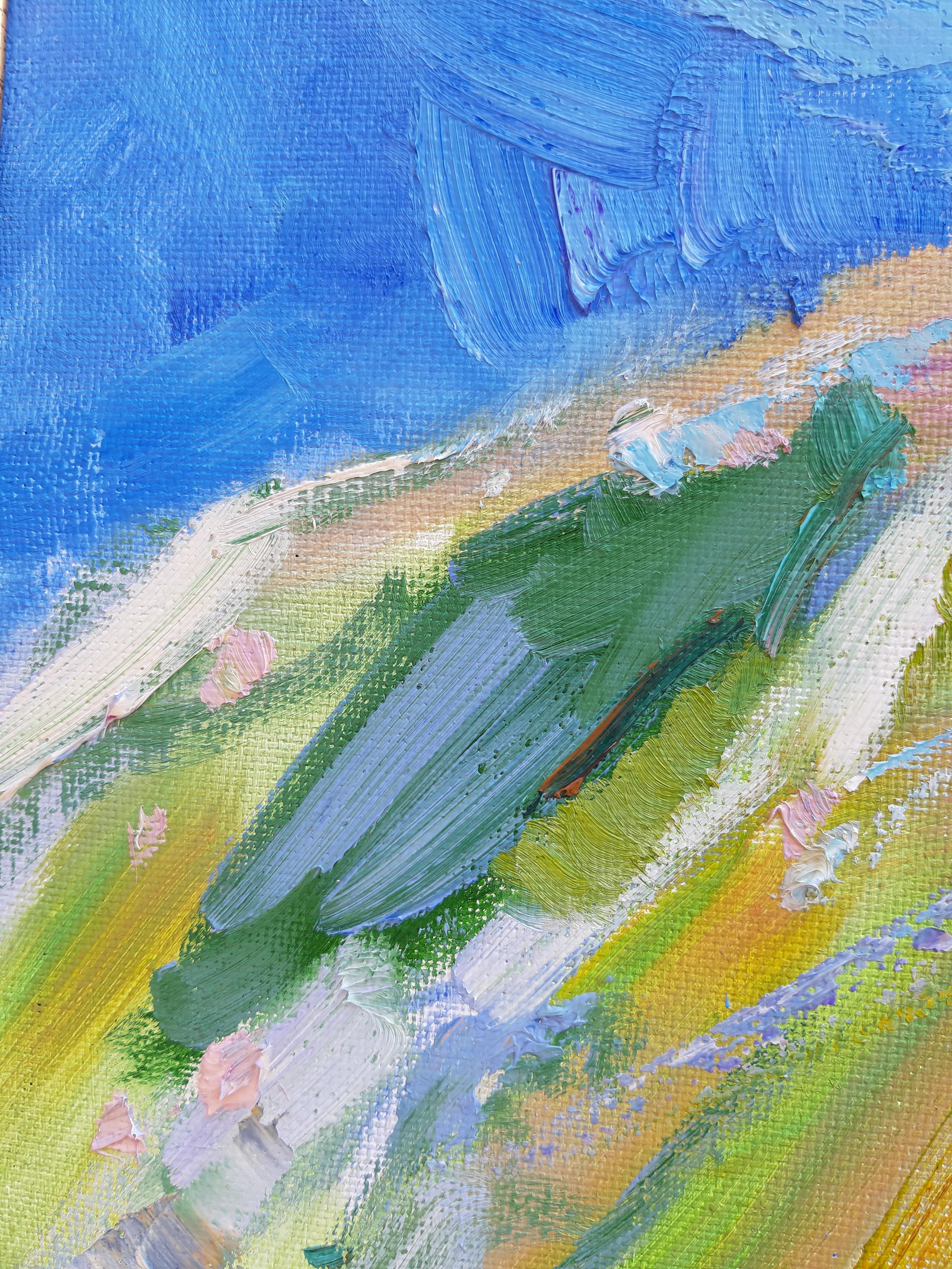 Edelweiss  Landschaft, lgemlde in den Farben Blau, Grn, Wei, Grau und Elfenbein im Angebot 6