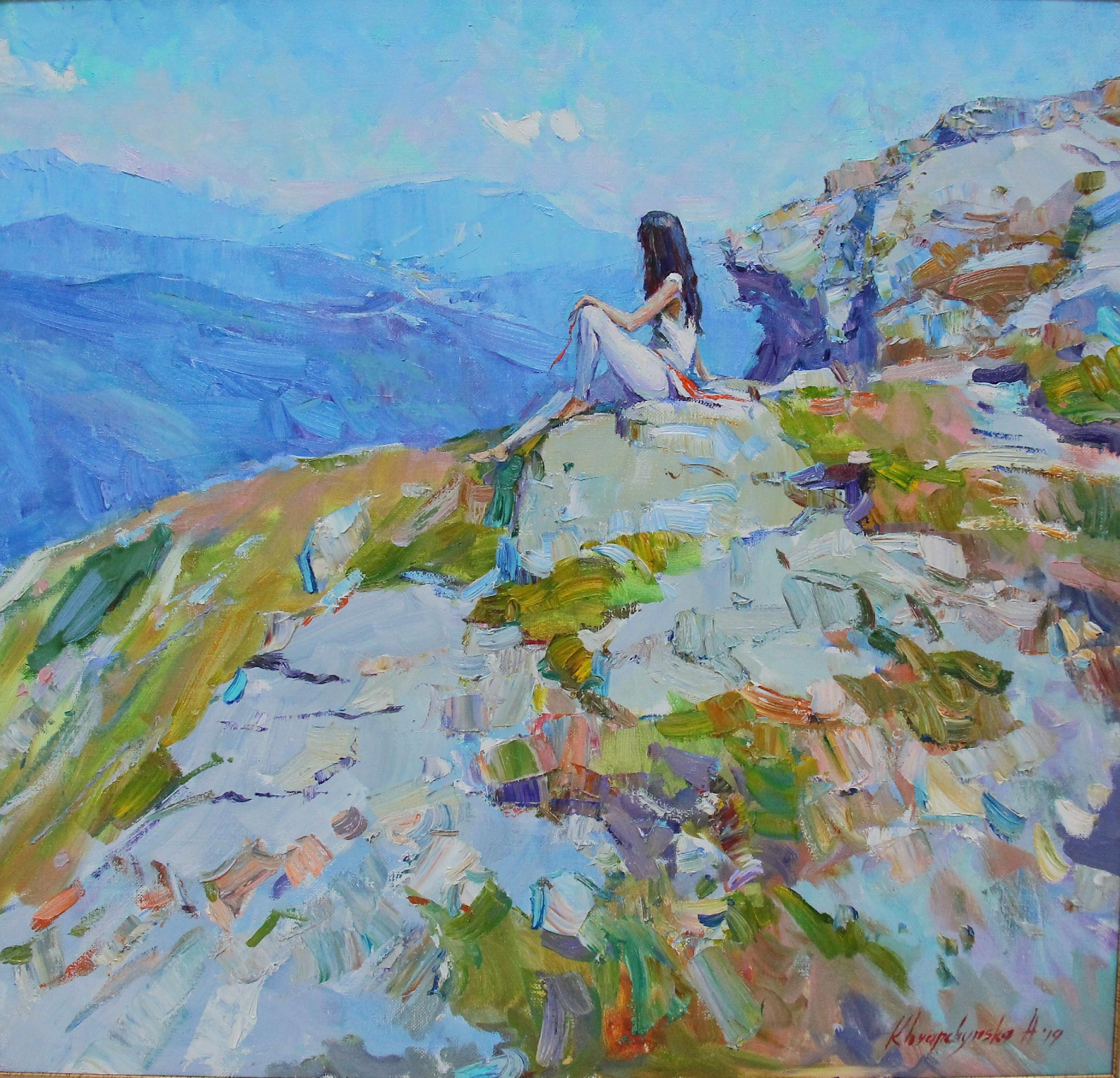 Edelweiss  Landschaft, lgemlde in den Farben Blau, Grn, Wei, Grau und Elfenbein – Painting von Alina Khrapchynska