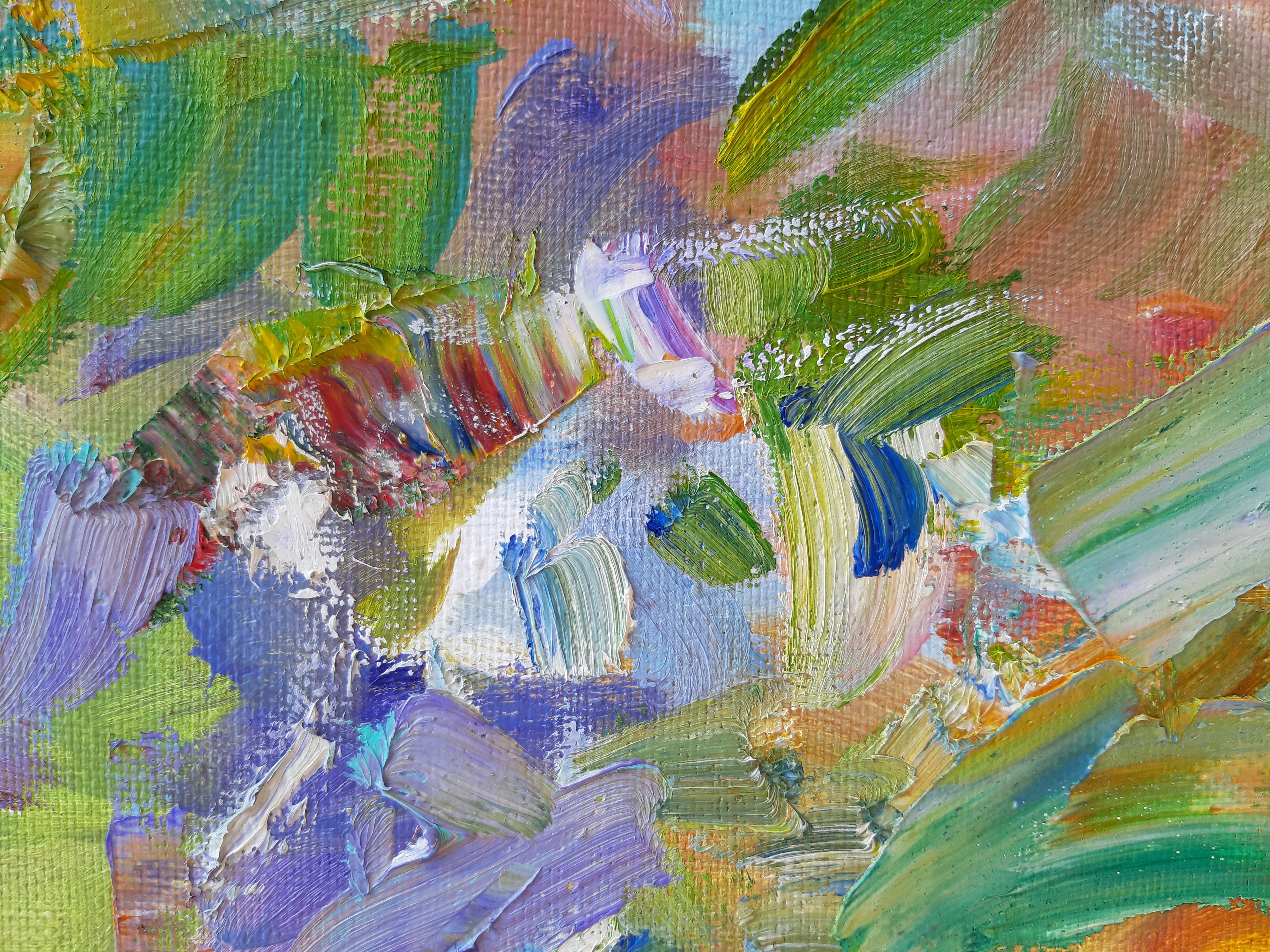 Edelweiss - Peinture  l'huile - Paysage Couleurs Bleu, Vert, Blanc, Gris - Impressionnisme Painting par Alina Khrapchynska