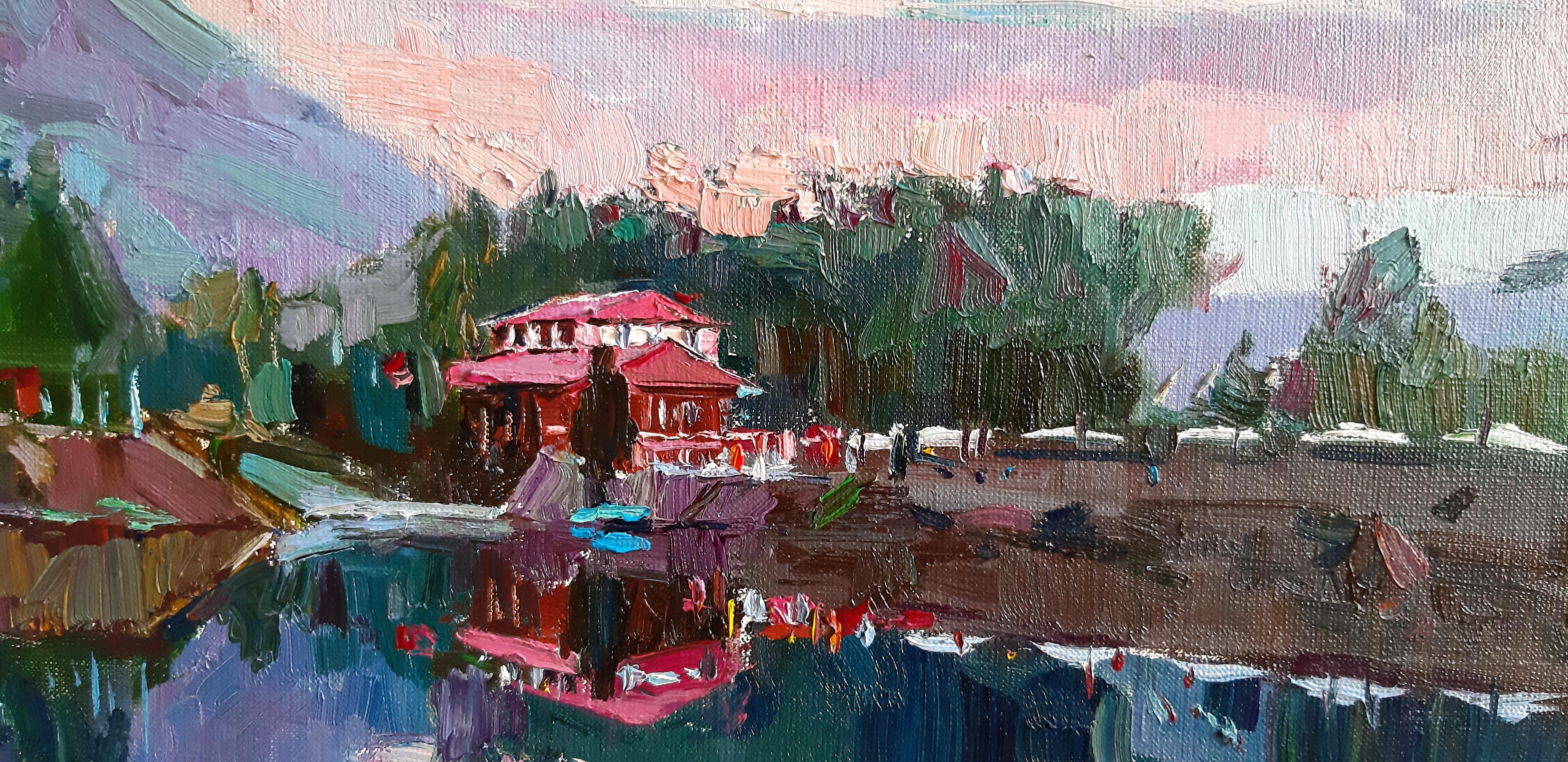 Evening on Monte Negro - Painting Landscape White Green Blue White Pink Purple - Gray Landscape Painting by Alina Khrapchynska