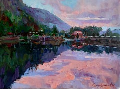  Evening on Monte Negro - Painting Landscape White Green Blue White Pink Purple