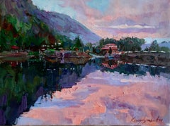 Evening on Monte Negro - Painting Landscape White Green Blue White Pink Purple