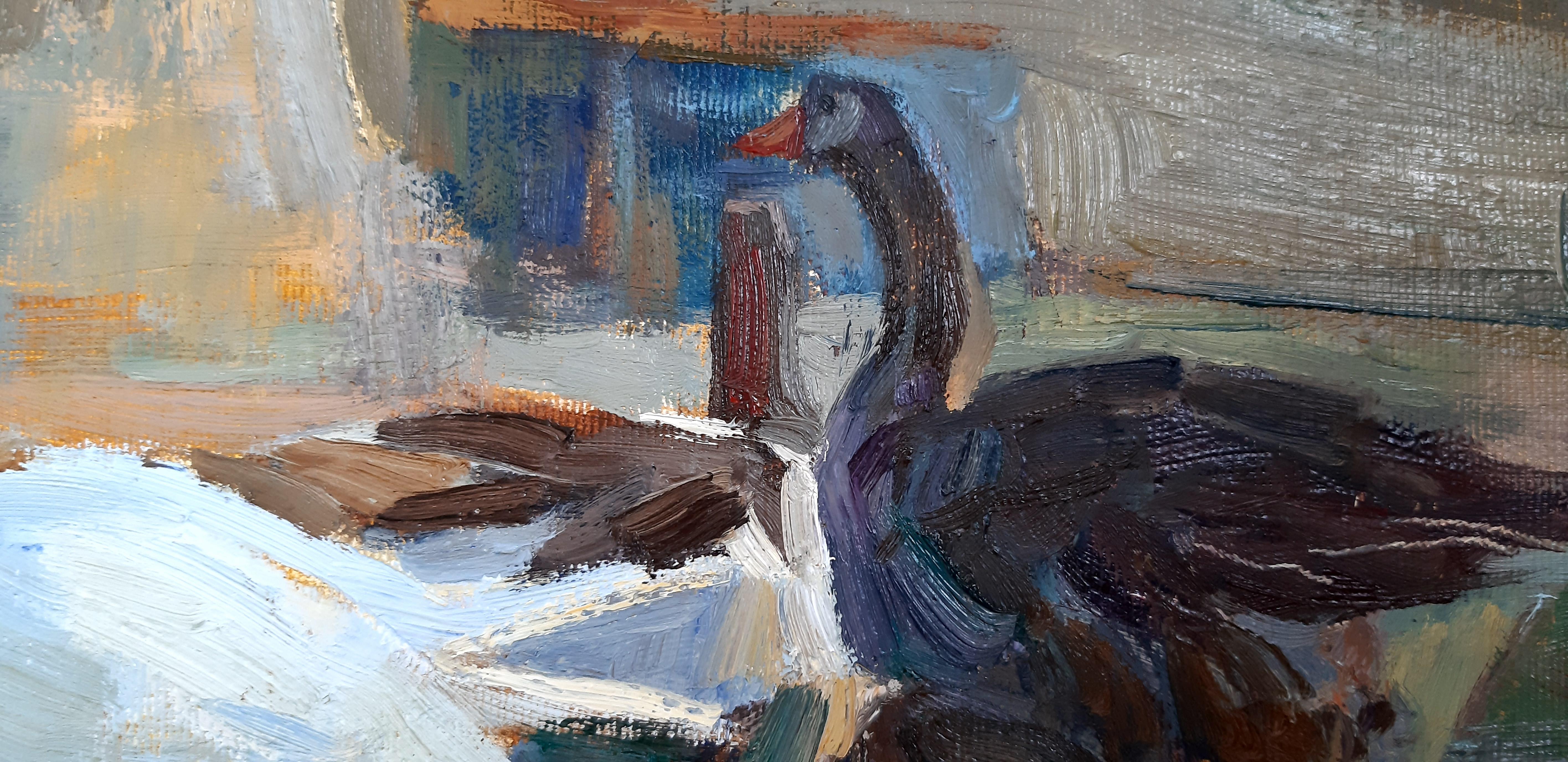 Geese -  Landscape Figurative Painting Colors Blue White Orange Brown Pale 6