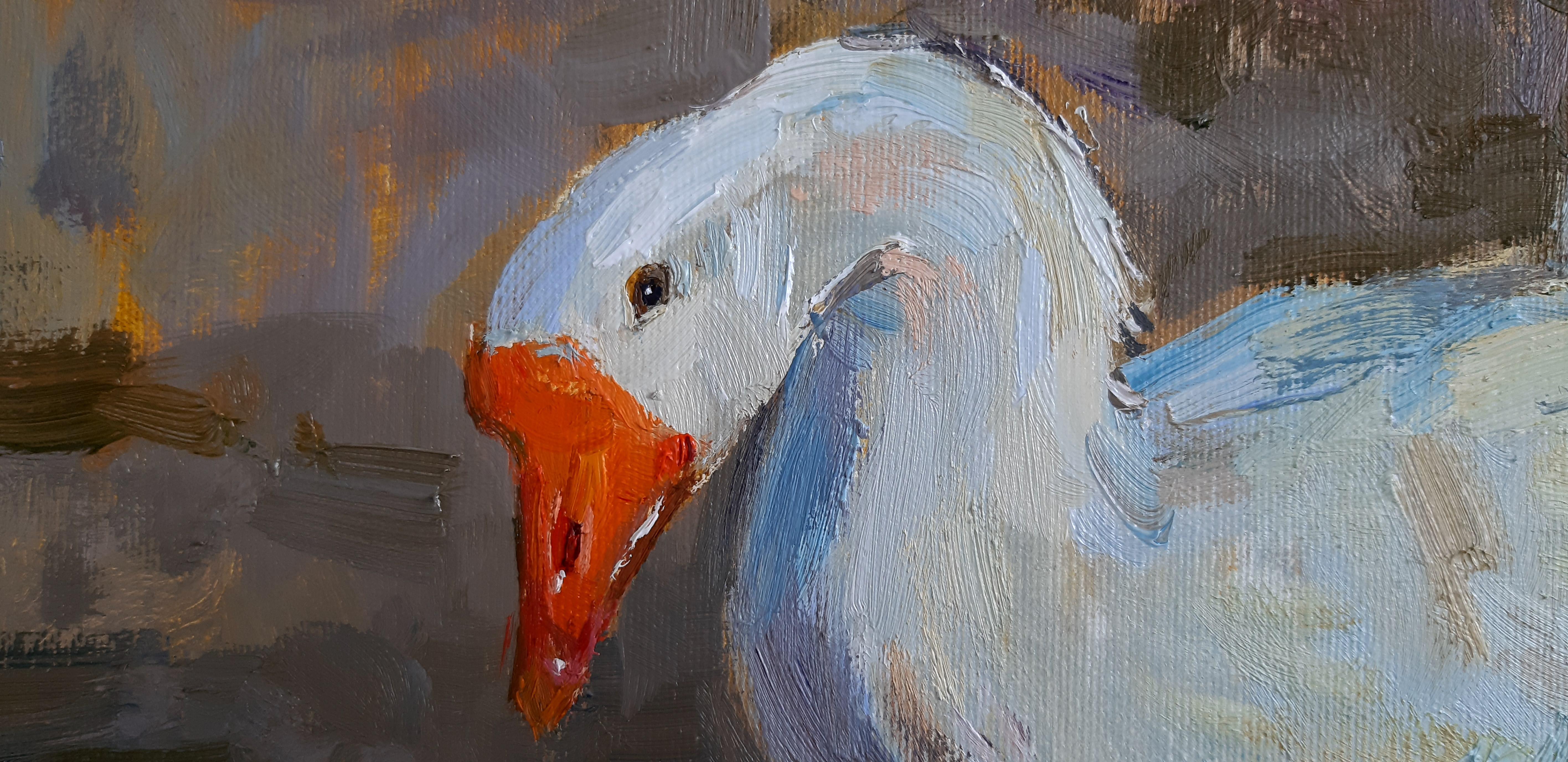Geese -  Landscape Figurative Painting Colors Blue White Orange Brown Pale 12