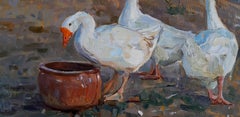 Geese -  Landscape Figurative Painting Colors Blue White Orange Brown Pale