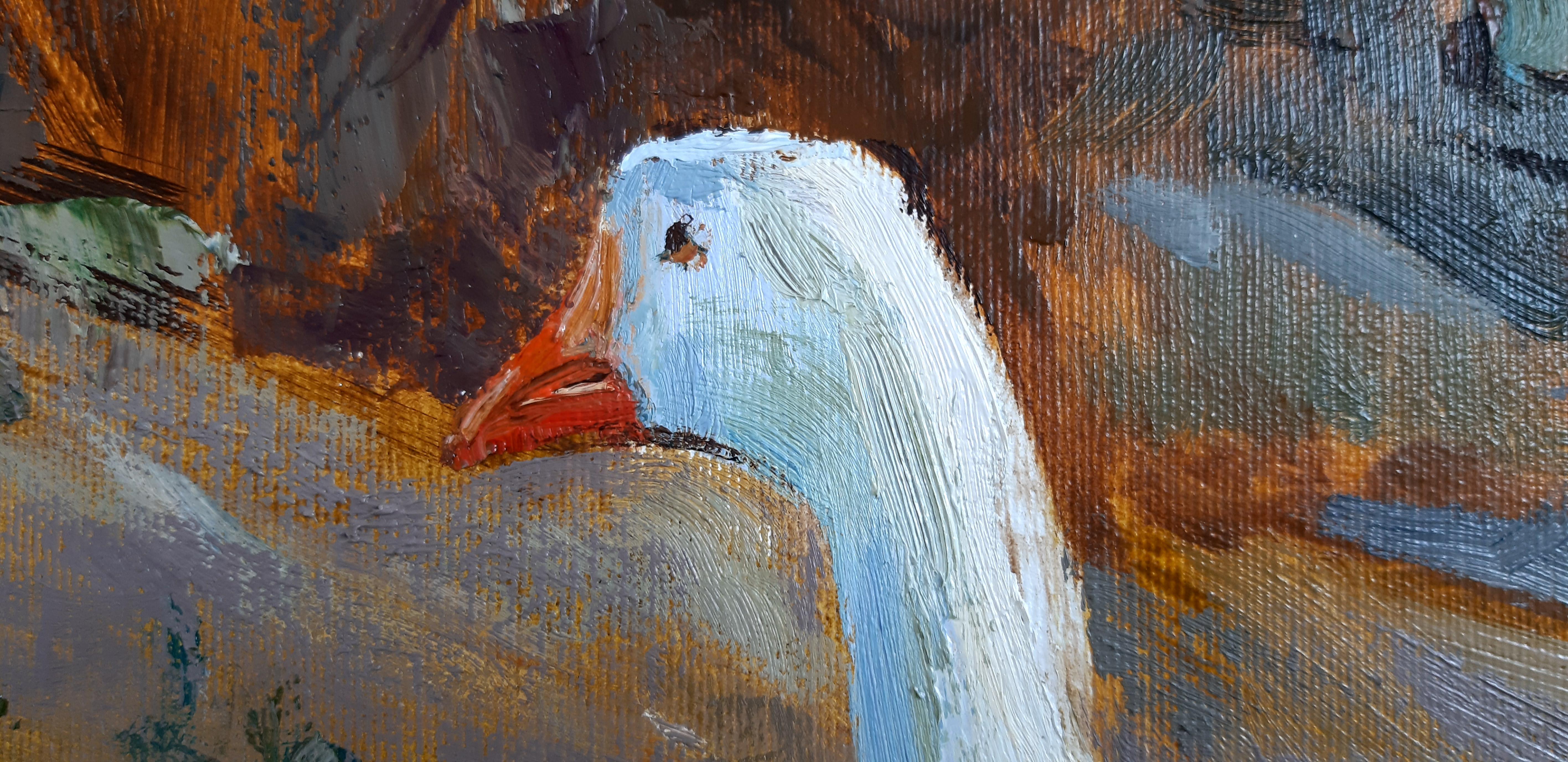 Geese -  Landscape Figurative Painting Colors Blue White Orange Brown Pale - Gray Landscape Painting by Alina Khrapchynska