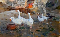 Gänse -  Landschaft Figuratives Gemälde in Farben Blau, Weiß, Orange, Braun und Pale