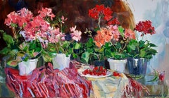 Geranium -Still Life Oil Painting Purple Pink Red Green White Brown Yellow 