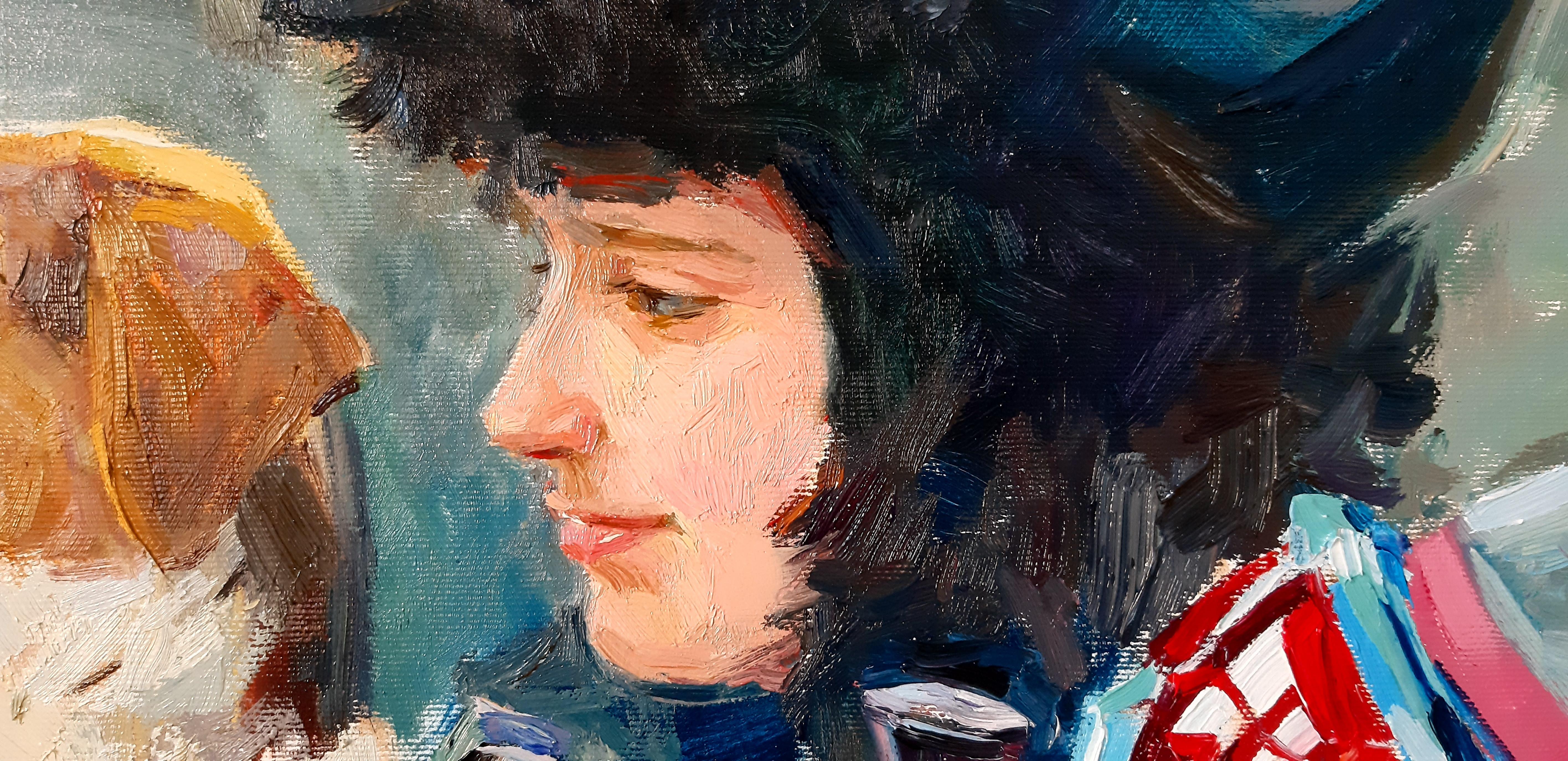 In Sicherheit – Figuratives Gemälde in den Farben Rot Blau Weiß Grün Braun Blassrosa Grau – Painting von Alina Khrapchynska