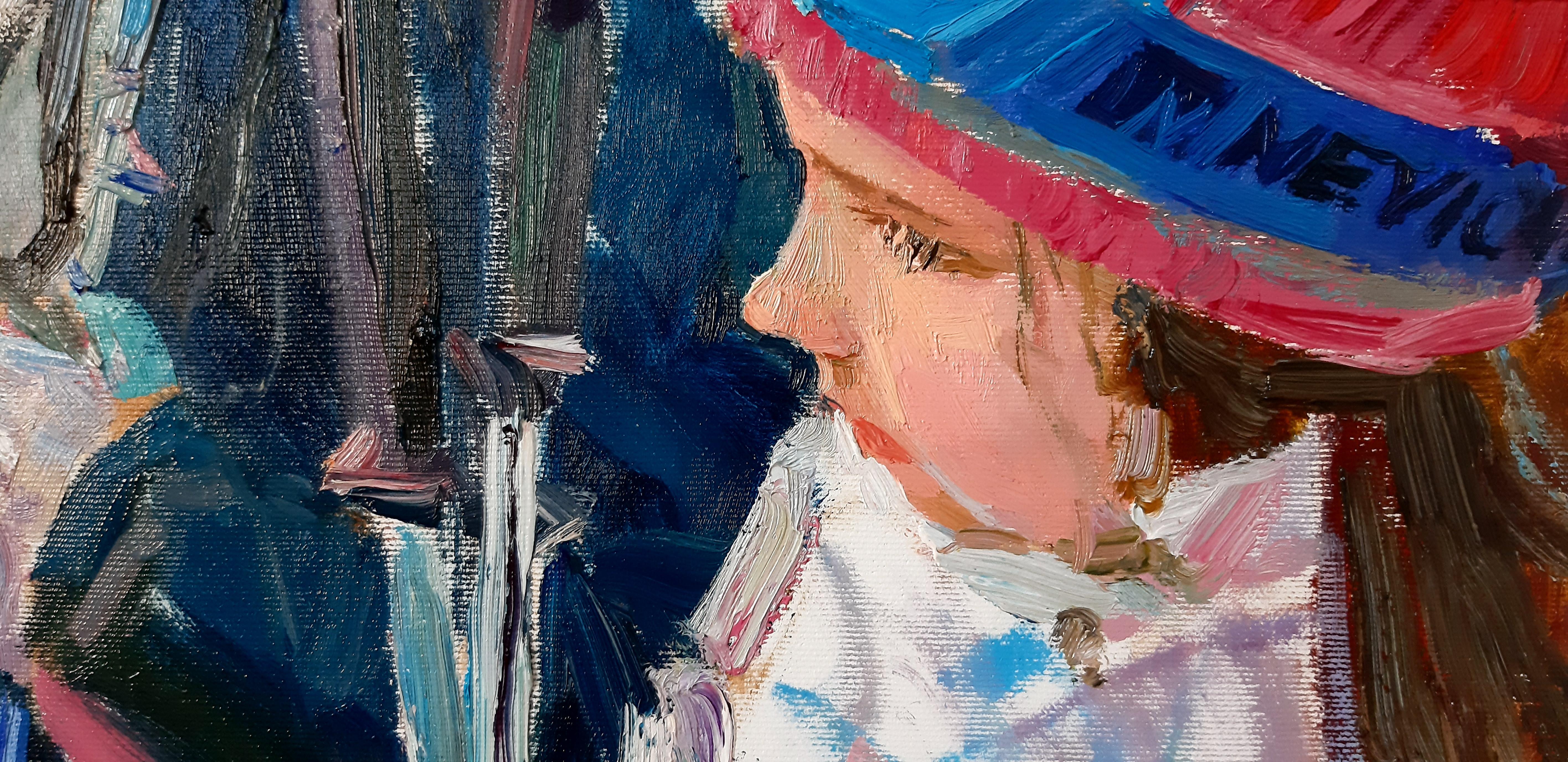In Sicherheit – Figuratives Gemälde in den Farben Rot Blau Weiß Grün Braun Blassrosa Grau (Schwarz), Figurative Painting, von Alina Khrapchynska