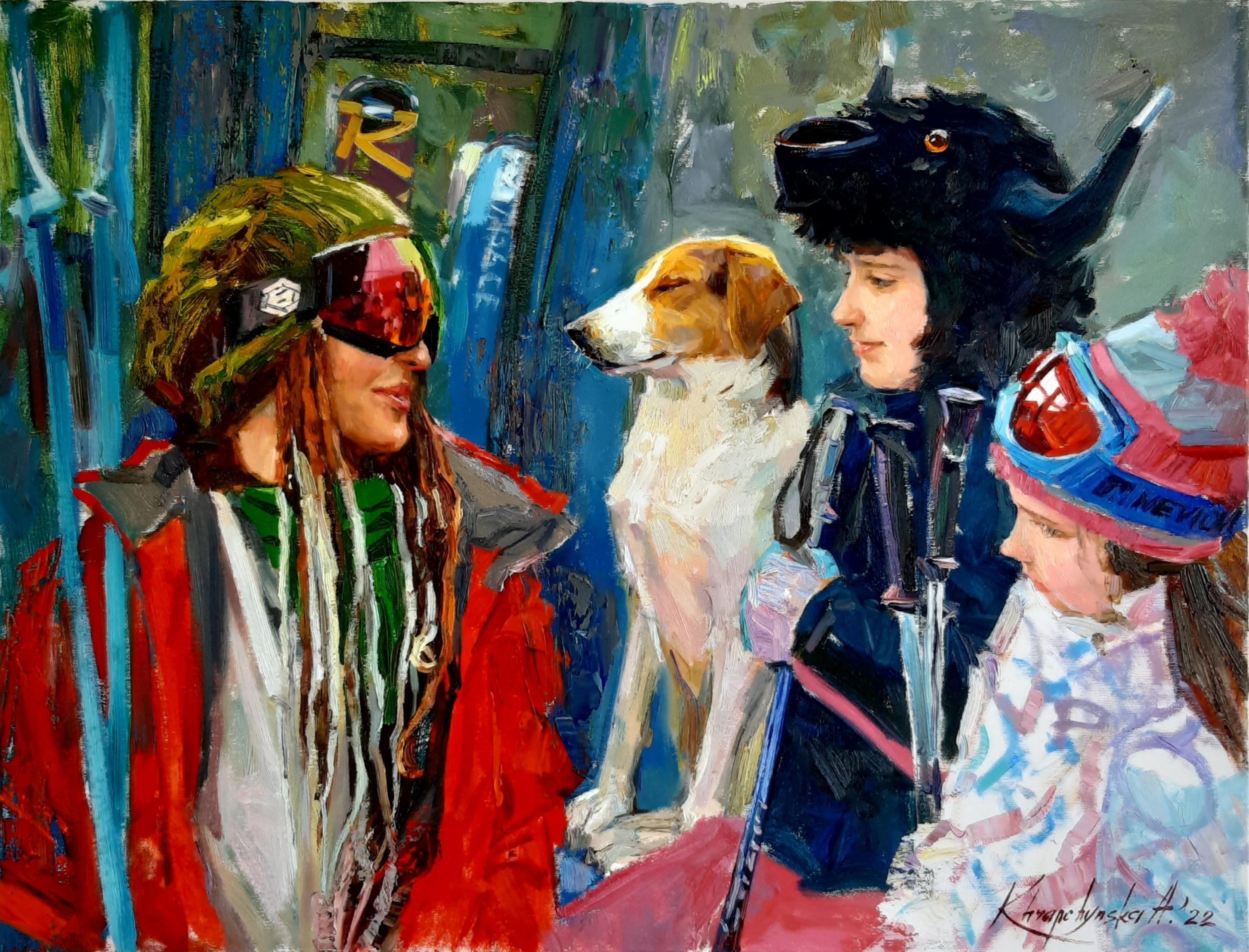 Alina Khrapchynska Figurative Painting – In Sicherheit – Figuratives Gemälde in den Farben Rot Blau Weiß Grün Braun Blassrosa Grau