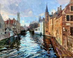 In the Heart of Bruges – Landschaftsmalerei, Blau, Grün, Weiß, Braun und Grau, Pastell