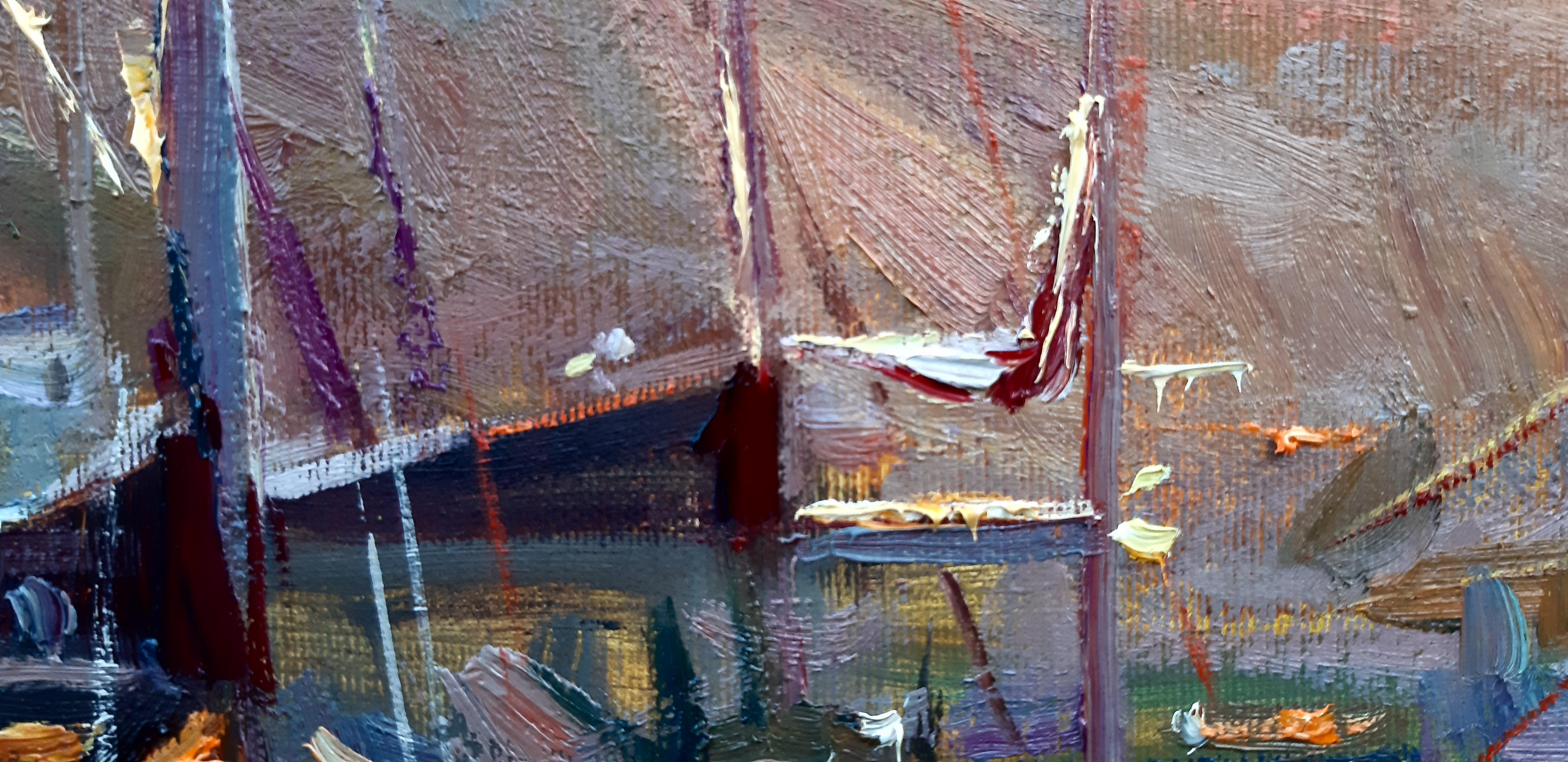 Peinture de paysage maritime Iraklitsa coucher de soleil bleu, vert, blanc, marron, gris et rouge 11