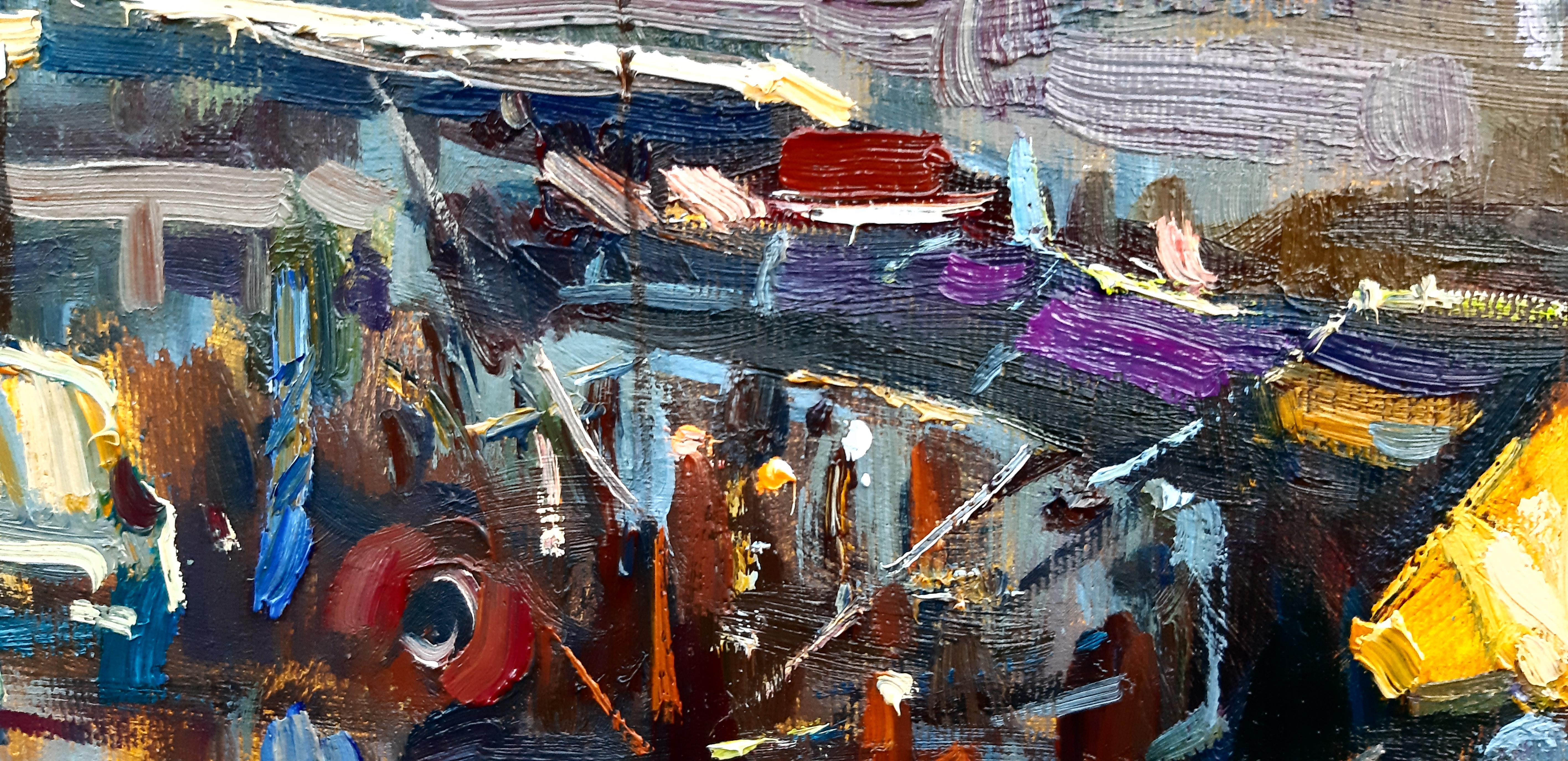 Peinture de paysage maritime Iraklitsa coucher de soleil bleu, vert, blanc, marron, gris et rouge - Impressionnisme Painting par Alina Khrapchynska