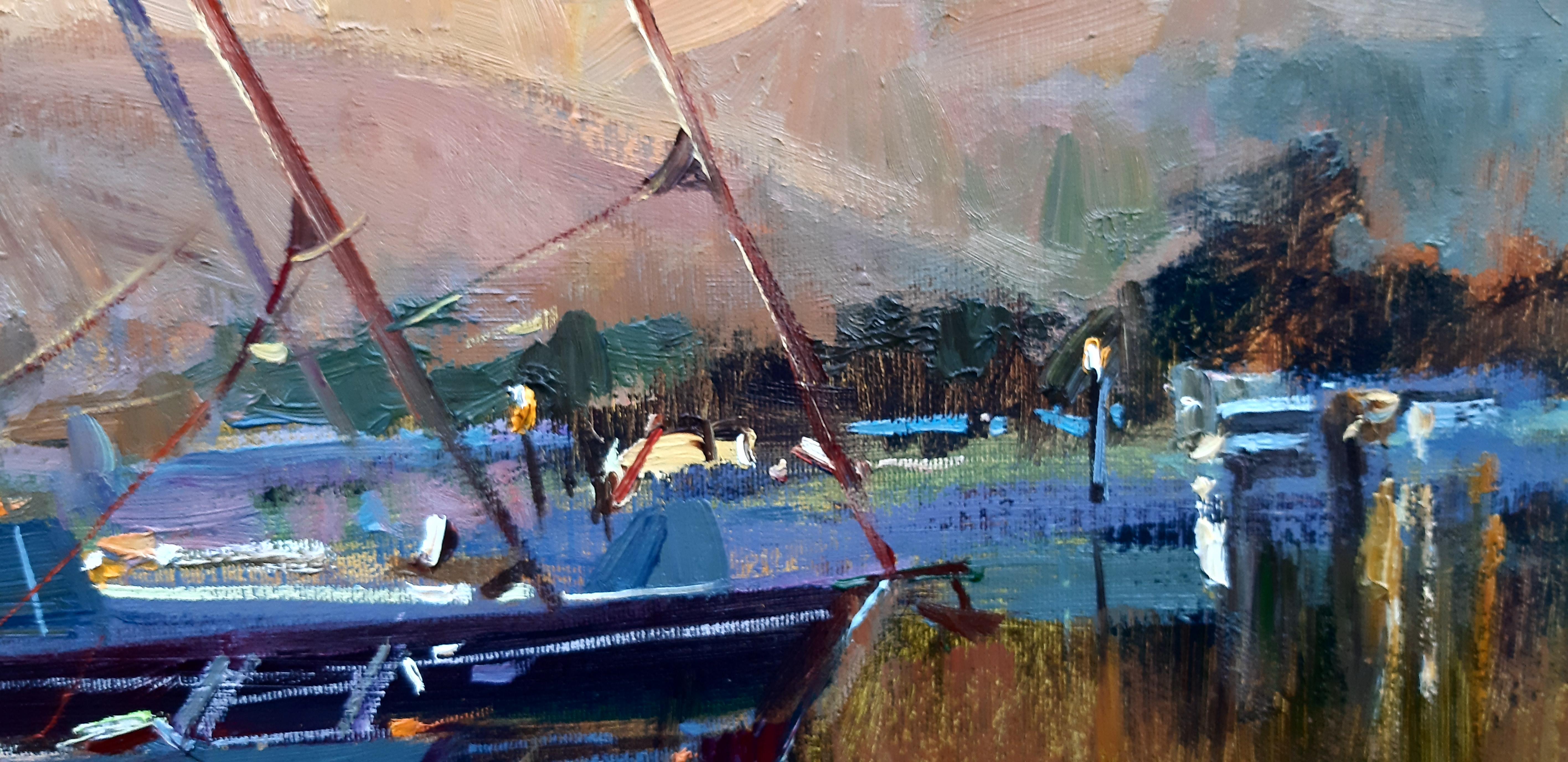 Peinture de paysage maritime Iraklitsa coucher de soleil bleu, vert, blanc, marron, gris et rouge 1
