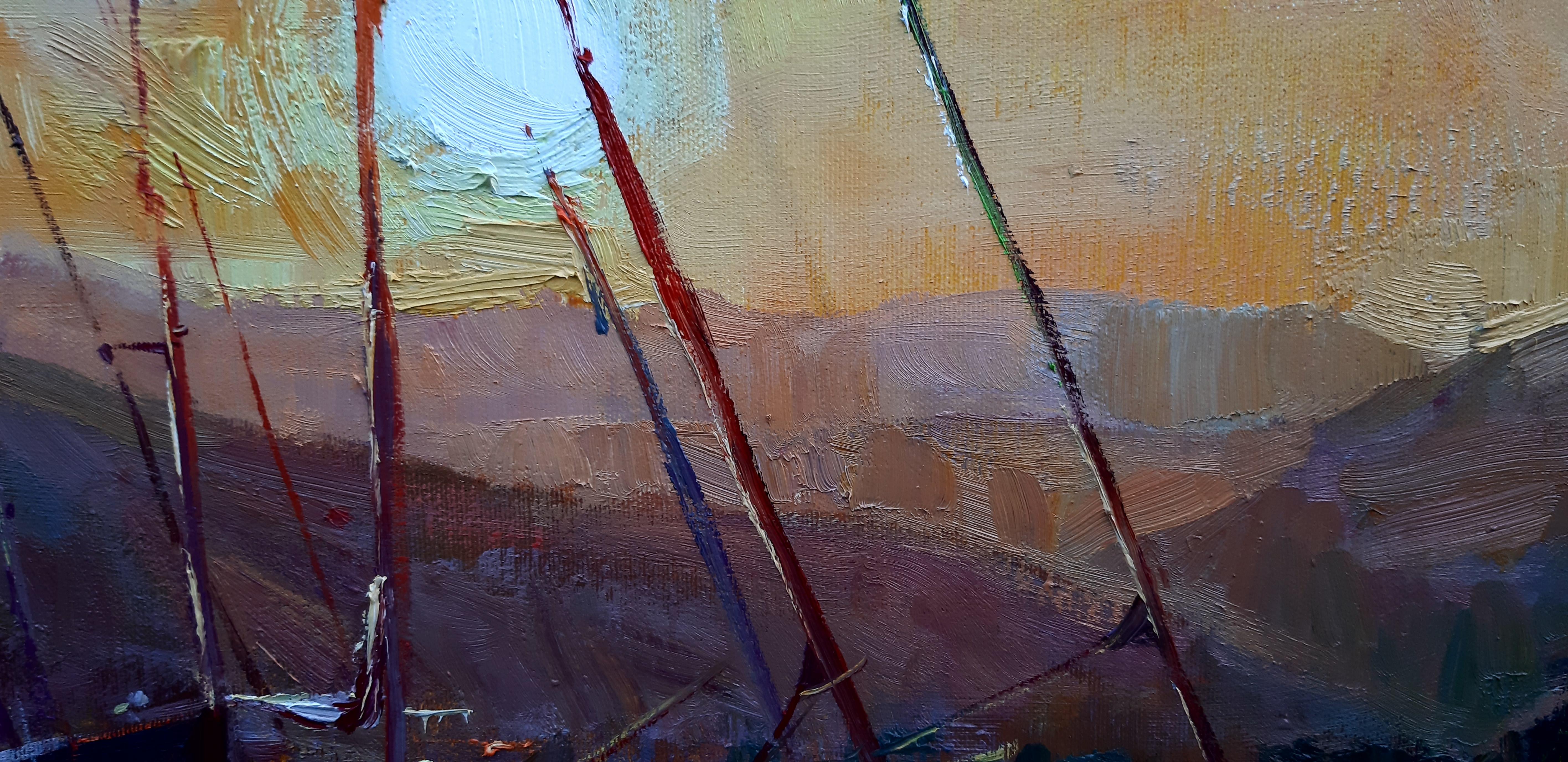 Peinture de paysage maritime Iraklitsa coucher de soleil bleu, vert, blanc, marron, gris et rouge 2