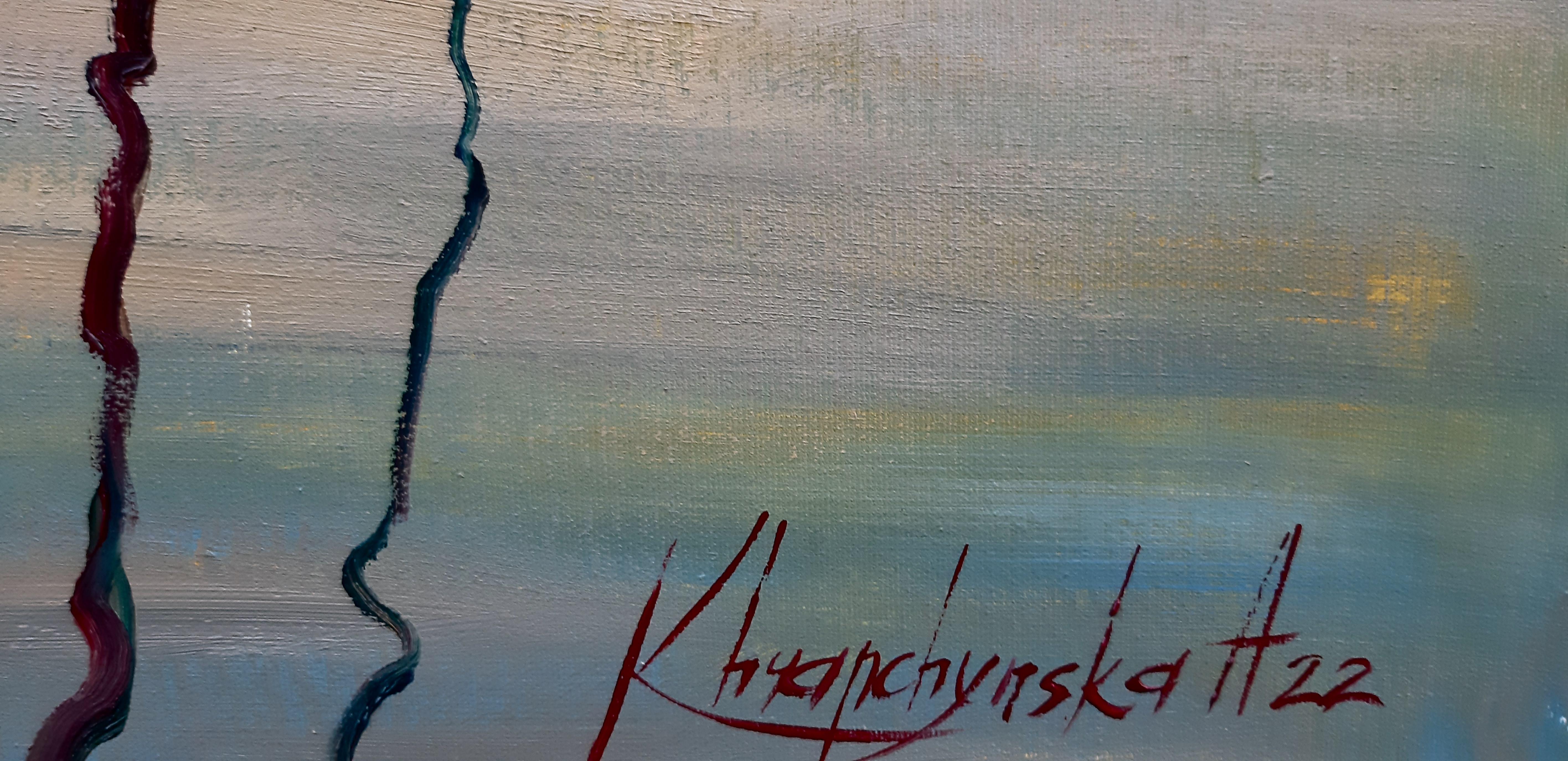 Peinture de paysage maritime Iraklitsa coucher de soleil bleu, vert, blanc, marron, gris et rouge 3