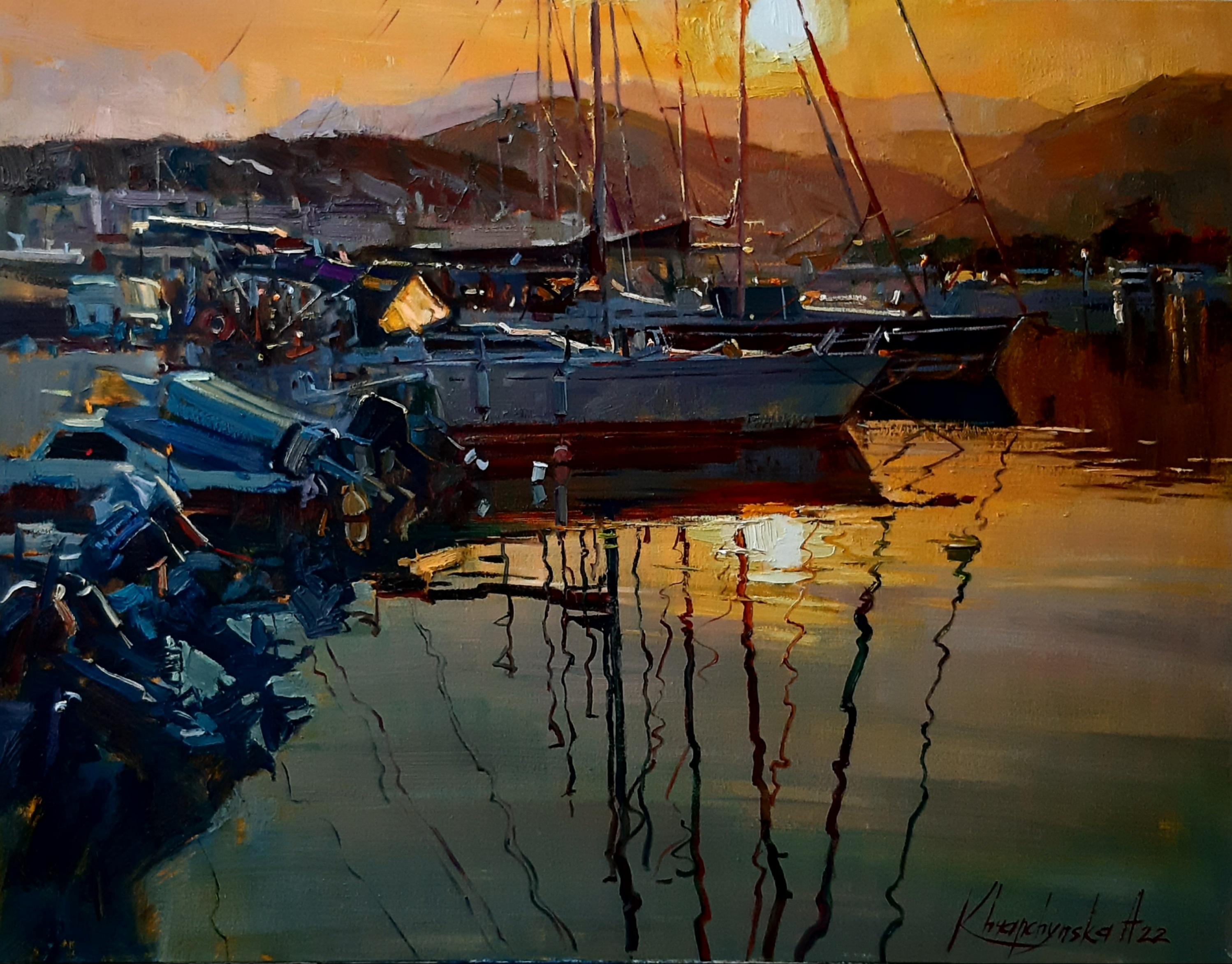 Landscape Painting Alina Khrapchynska - Peinture de paysage maritime Iraklitsa coucher de soleil bleu, vert, blanc, marron, gris et rouge