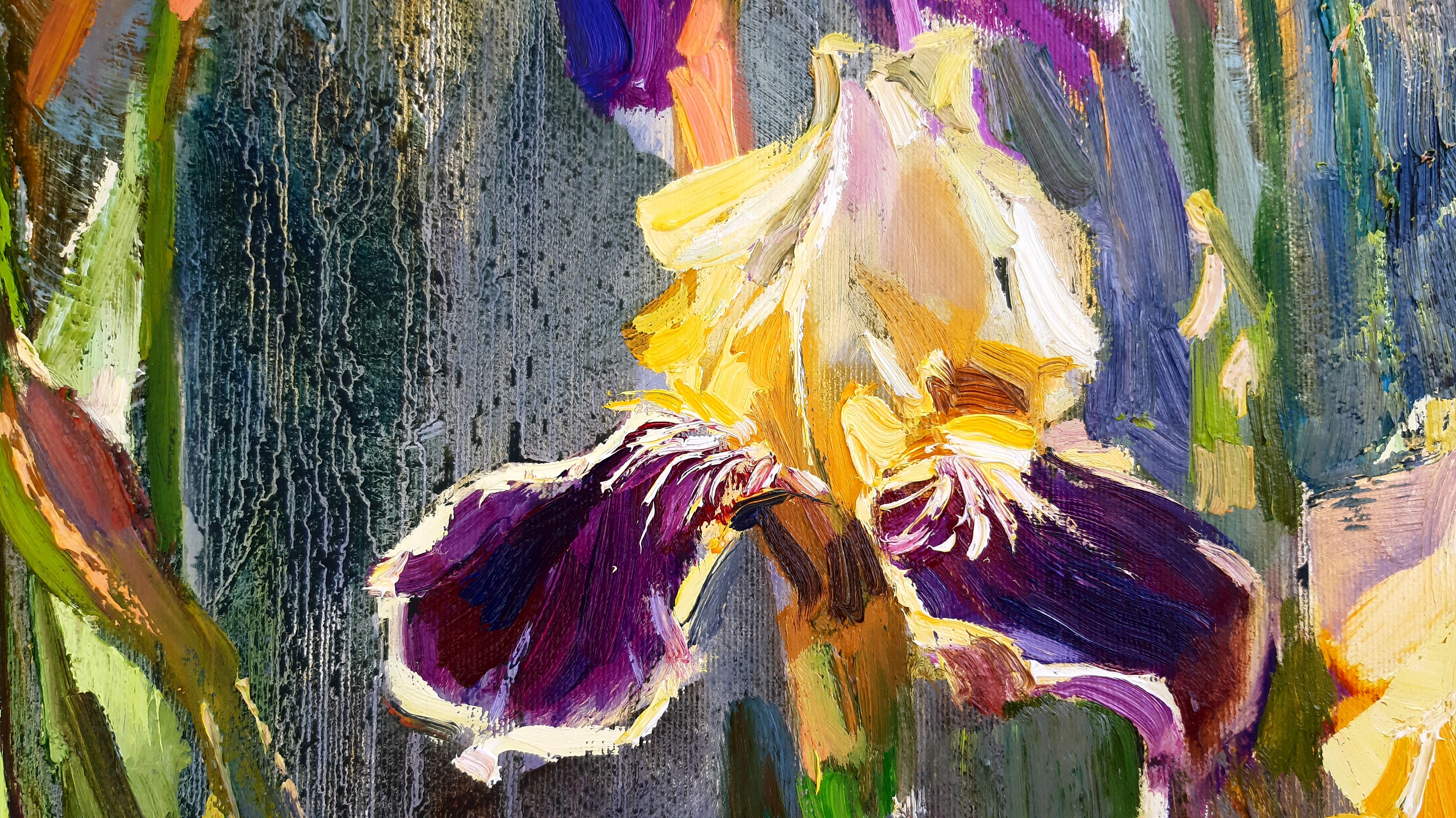 Irises - Still Life Painting Lilac Blue Green White Brown Grey Red 3