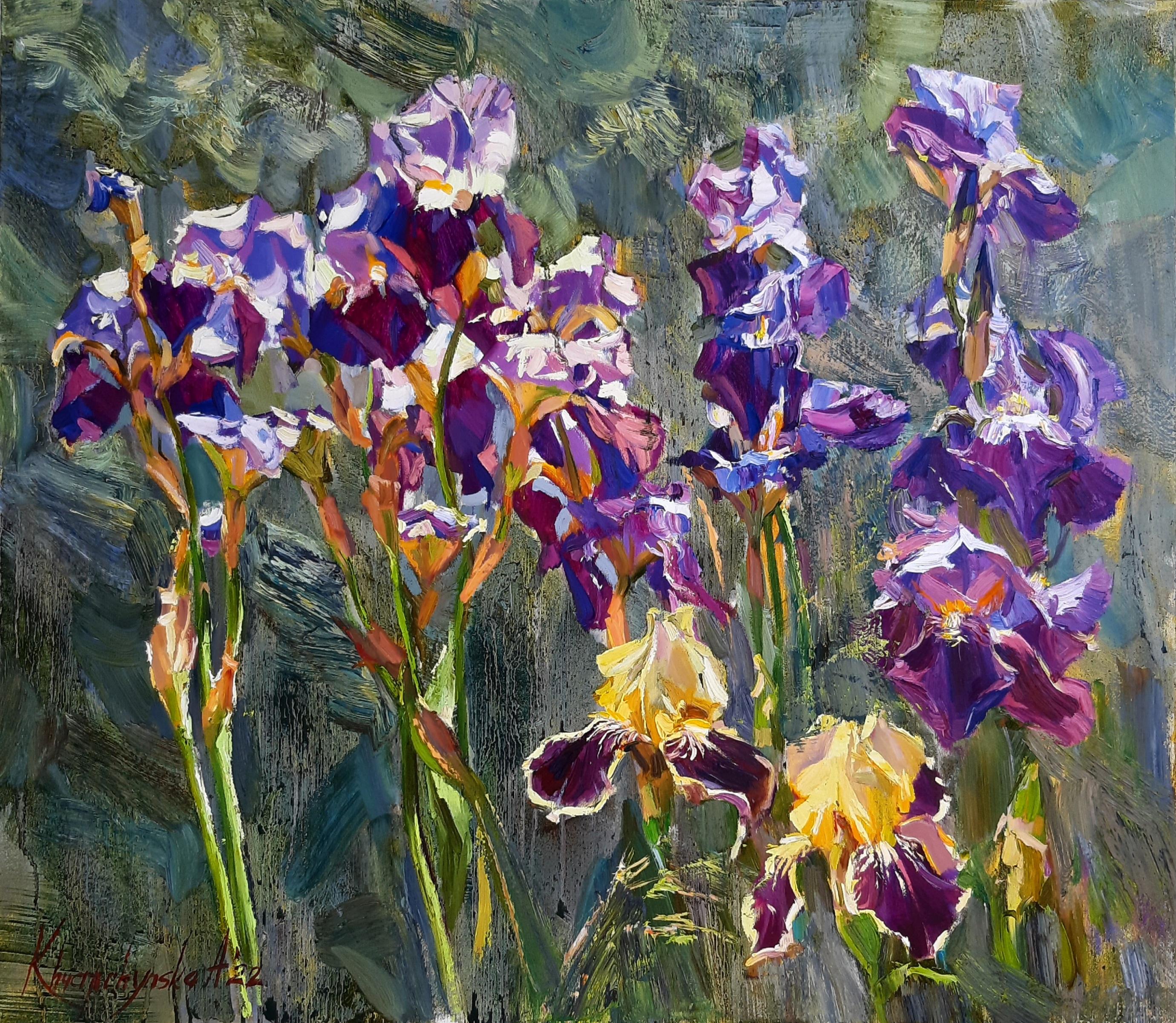 Alina Khrapchynska Still-Life Painting - Irises - Still Life Painting Lilac Blue Green White Brown Grey Red