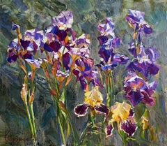 Irises - Still Life Painting Lilac Blue Green White Brown Grey Red