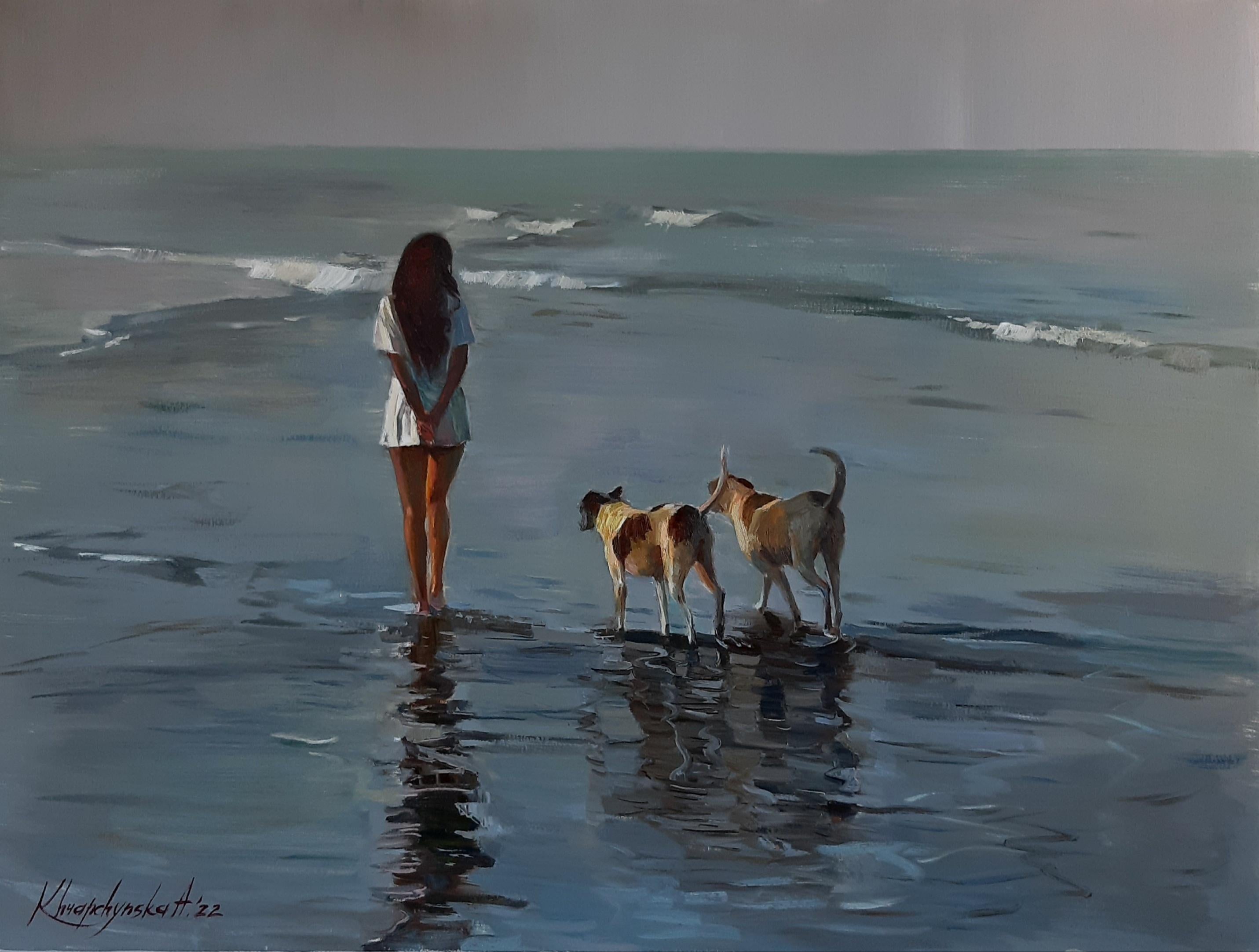 Alina Khrapchynska - Morning in Goa Landscape Figurative Painting Colors  Blue White Green Brown Pale For Sale at 1stDibs