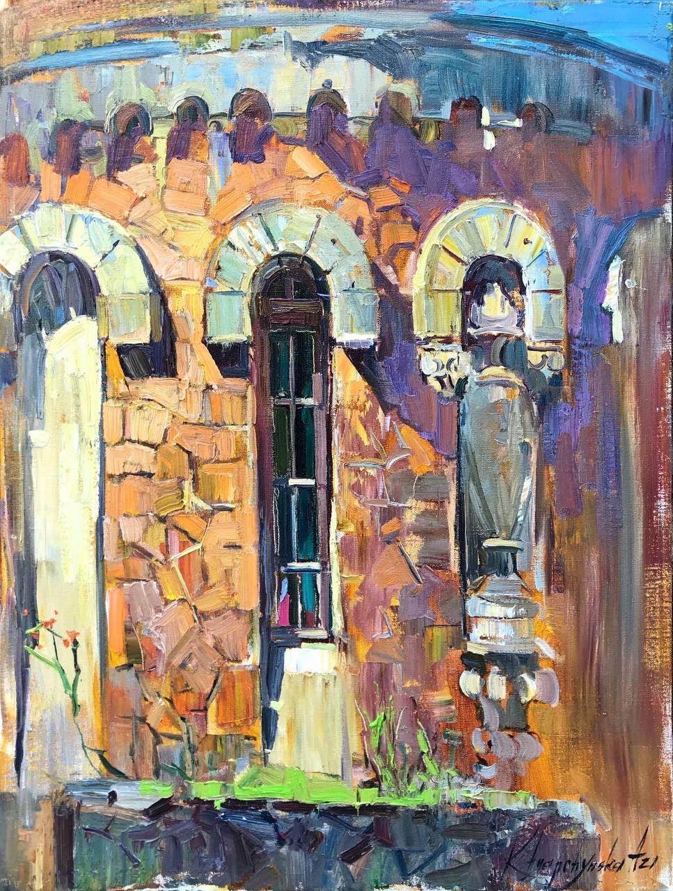 Alina Khrapchynska Landscape Painting -  Palace Window - Oil Painting Landscape White Green Blue Yellow Purple Brown