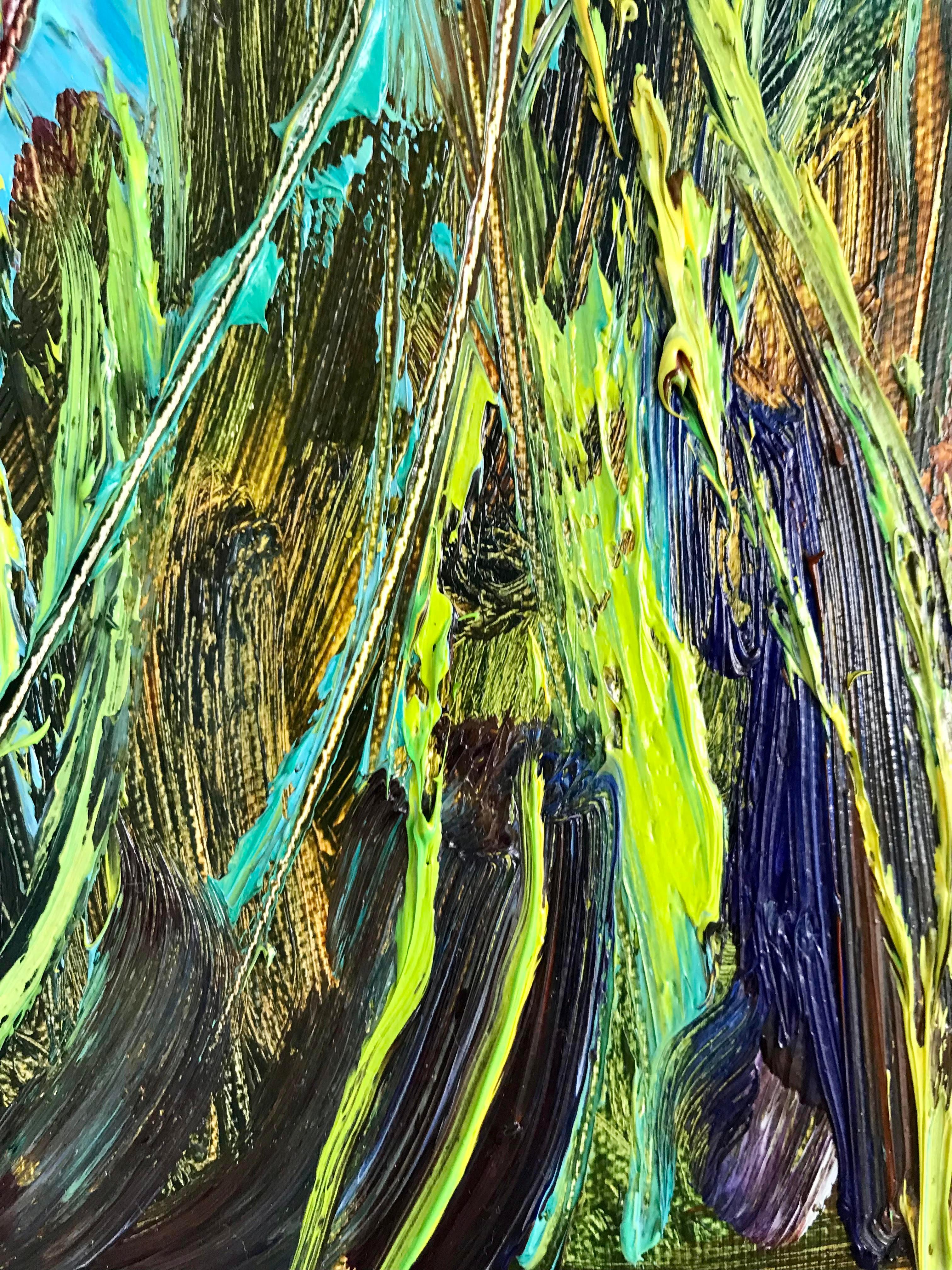 Pavo real - Pintura figurativa Colores Azul Blanco Naranja Marrón Pálido en venta 5