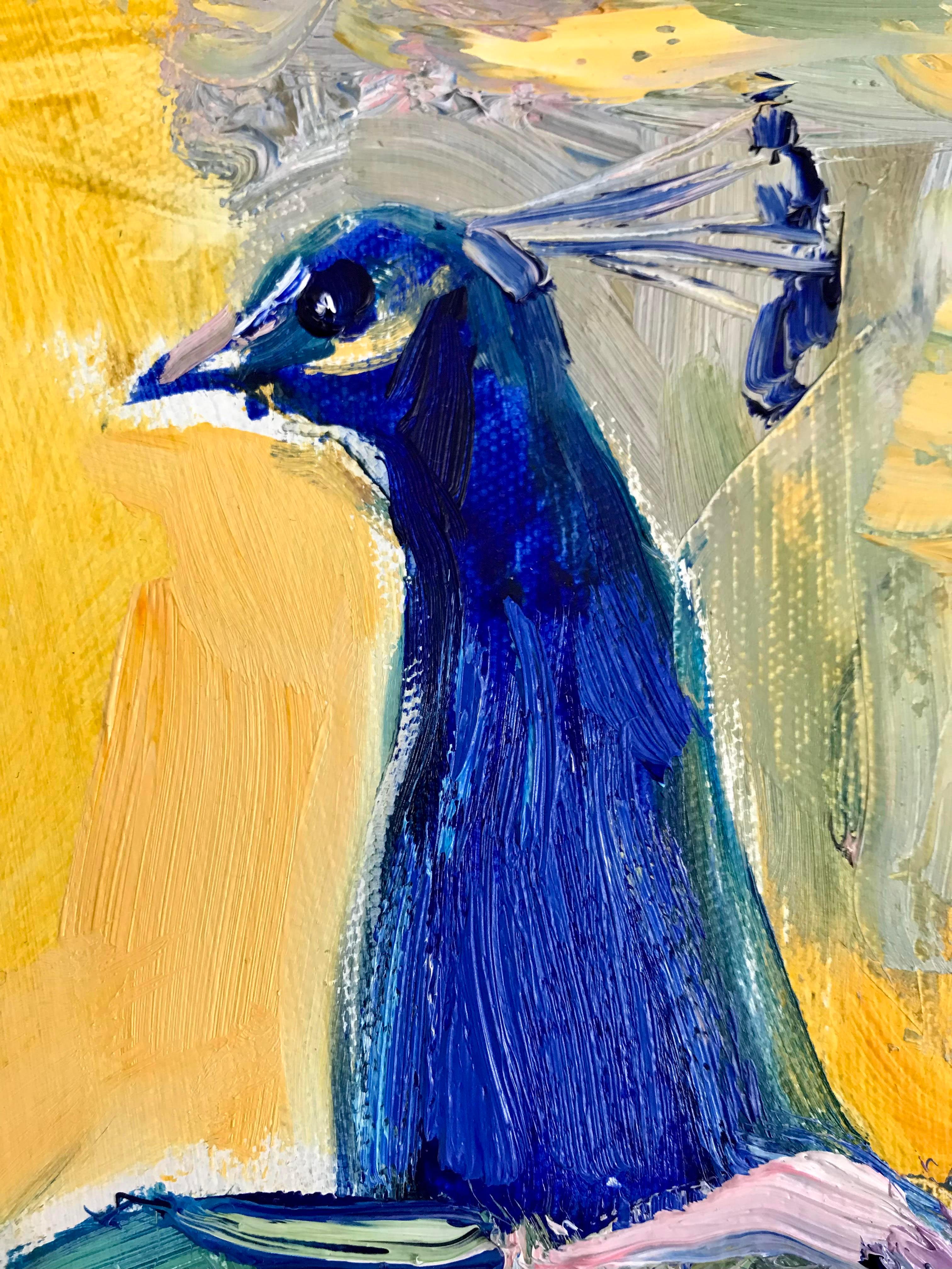 Pavo real - Pintura figurativa Colores Azul Blanco Naranja Marrón Pálido - Painting Impresionista de Alina Khrapchynska