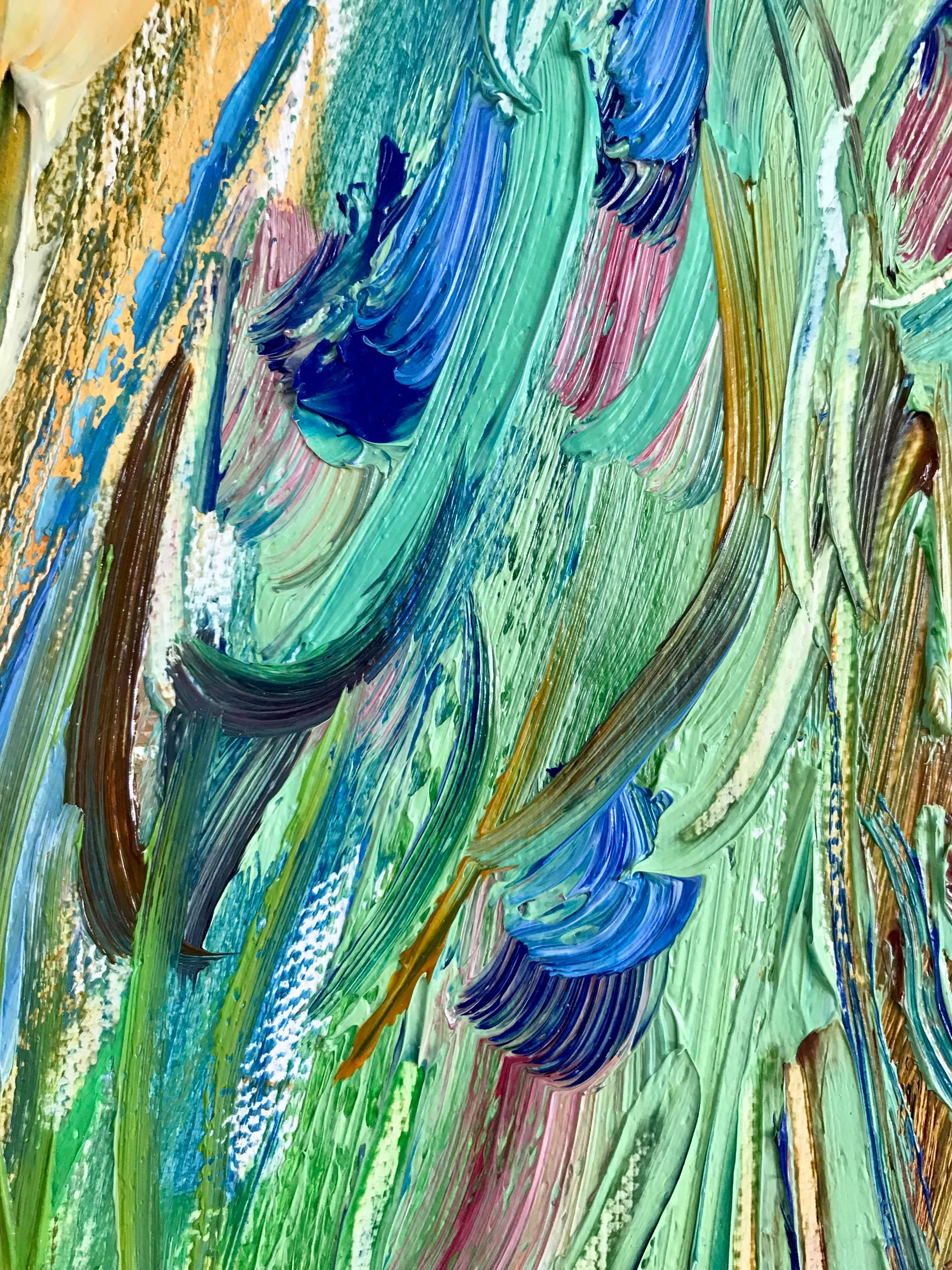 Pavo real - Pintura figurativa Colores Azul Blanco Naranja Marrón Pálido en venta 1