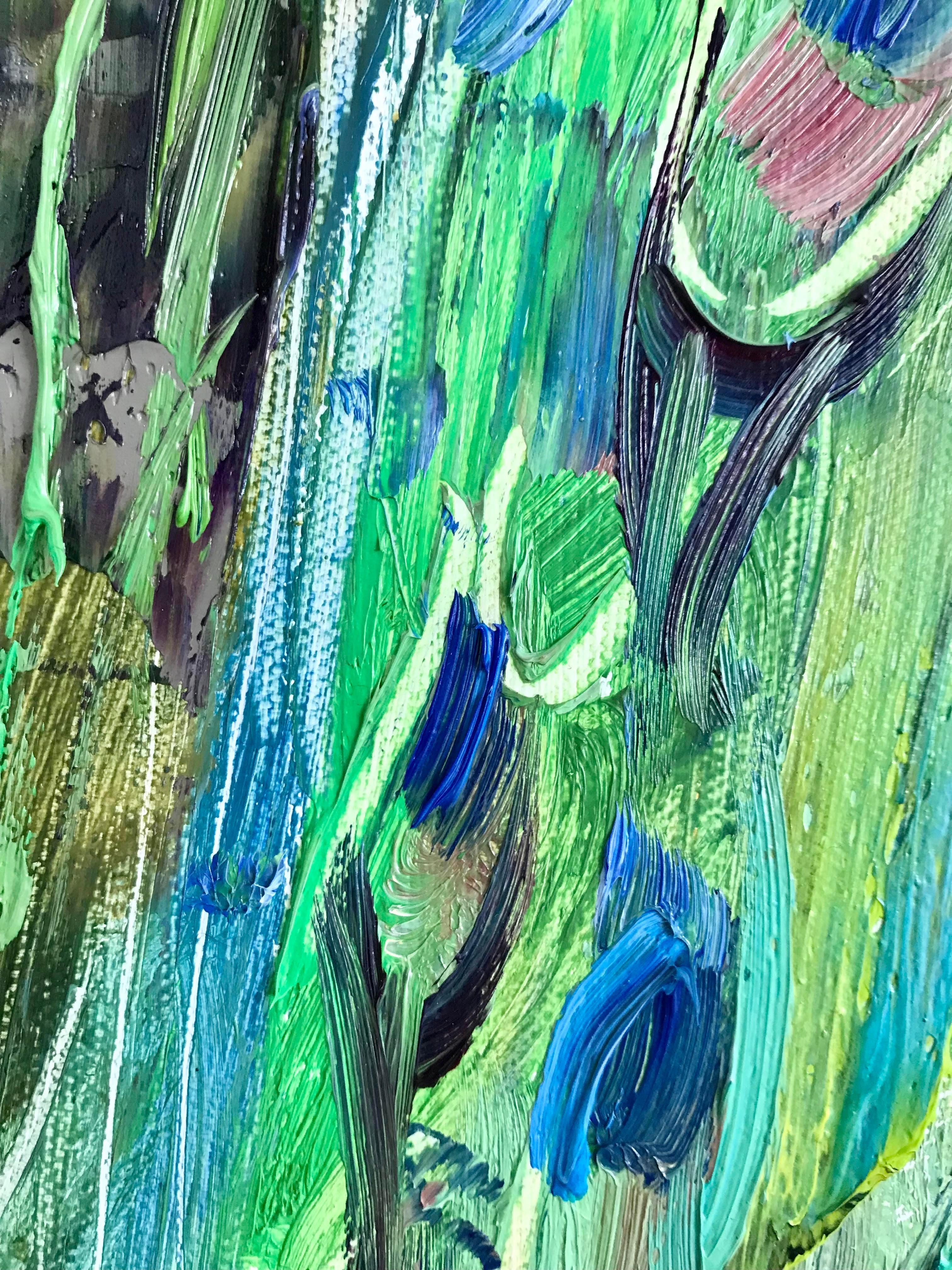 Pavo real - Pintura figurativa Colores Azul Blanco Naranja Marrón Pálido en venta 2