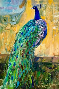 Peacock - Figurative Painting Colors Blue White Orange Brown Pale
