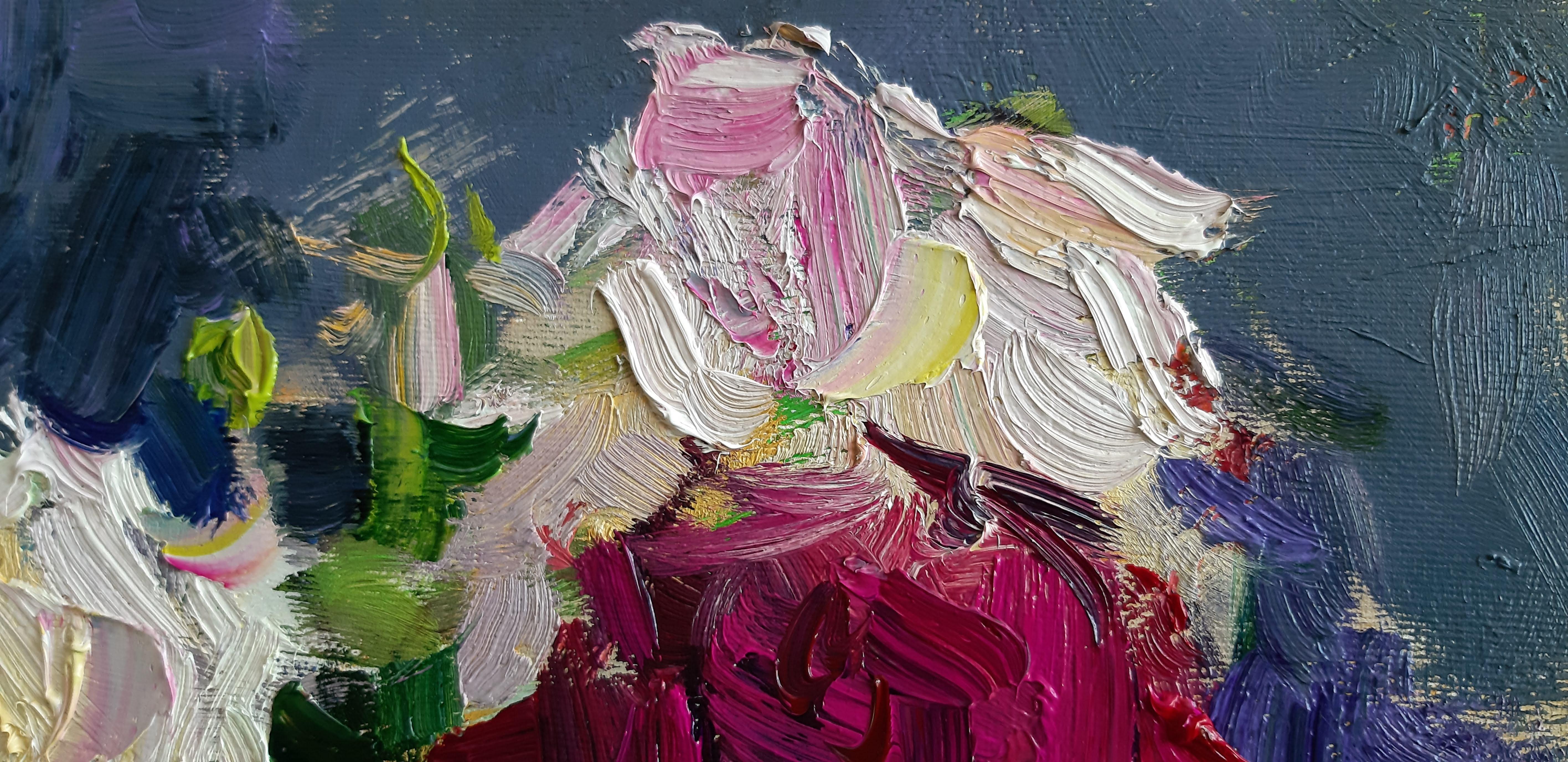 Peonies II -Still Life Oil Painting Purple Pink Red Green White Brown Yellow  4