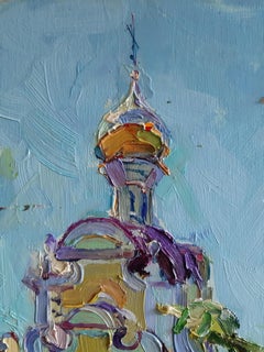 Quiet Hours - Landscape Oil Painting Blue Lilac Green White Brown Red Grey