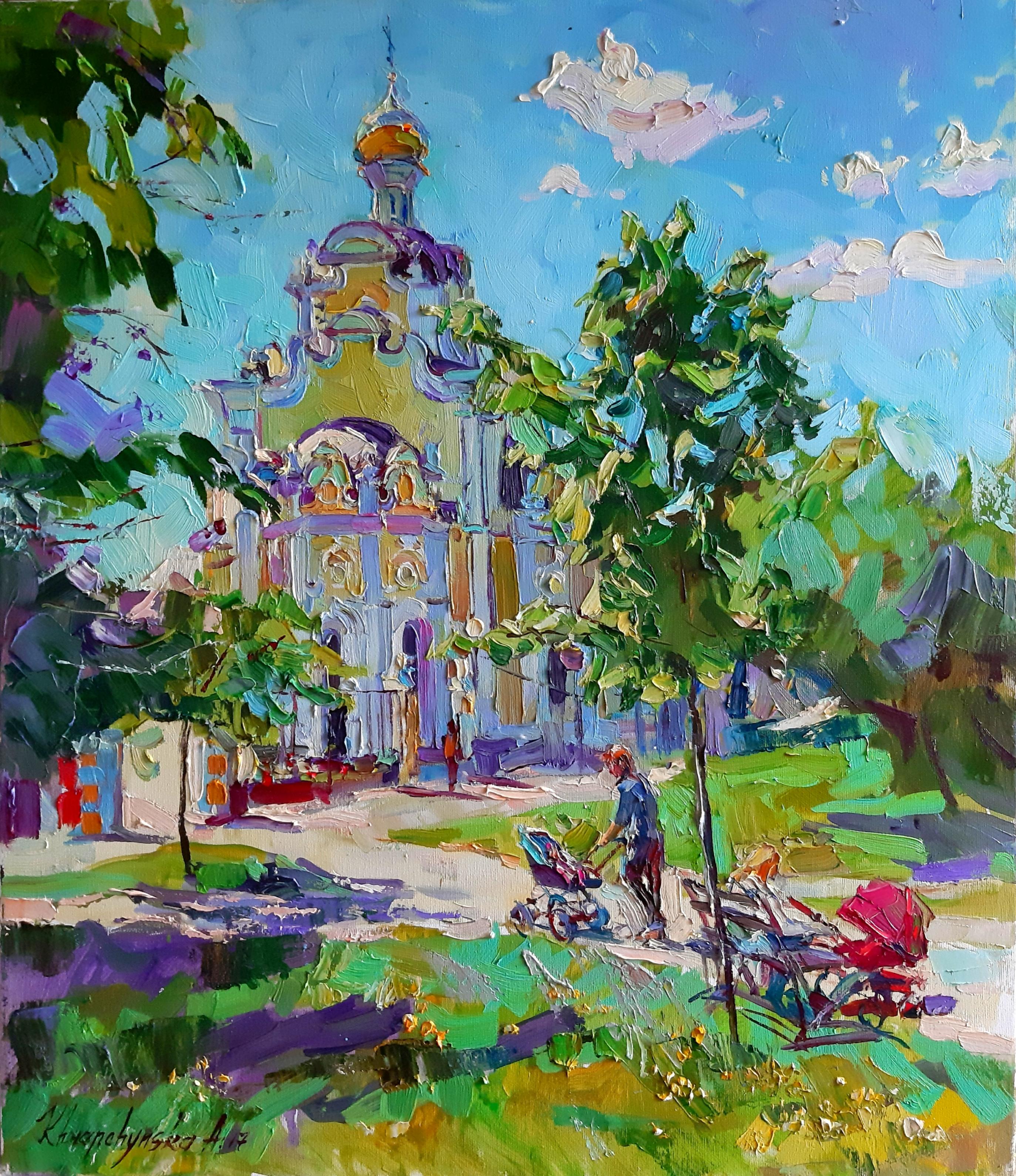 Alina Khrapchynska Landscape Painting - Quiet Hours - Landscape Oil Painting Blue Lilac Green White Brown Red Grey