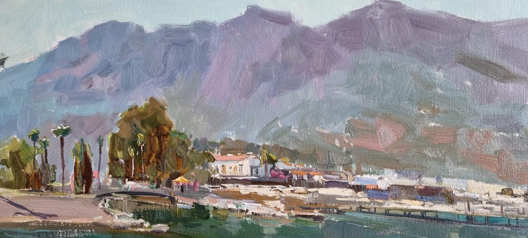 Sunny Bay - Landscape Painting Colors Blue Green White Brown Grey Pastel For Sale 10