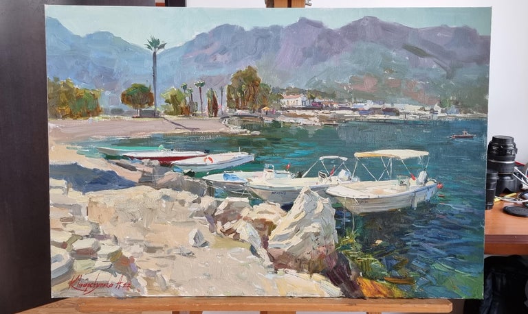 Sunny Bay - Landscape Painting Colors Blue Green White Brown Grey Pastel For Sale 1